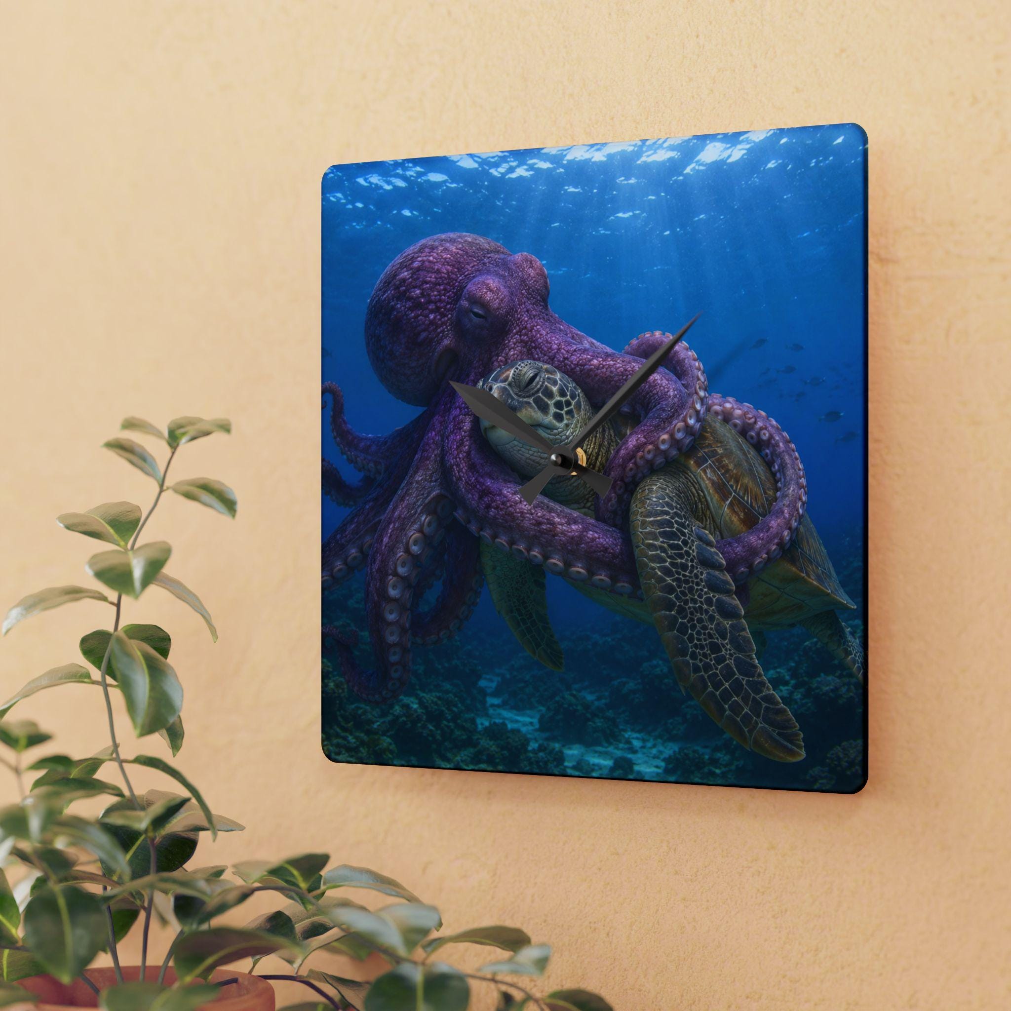Octopus Embrace Sea Turtle Acrylic Wall Clock | Ocean Marine Decor