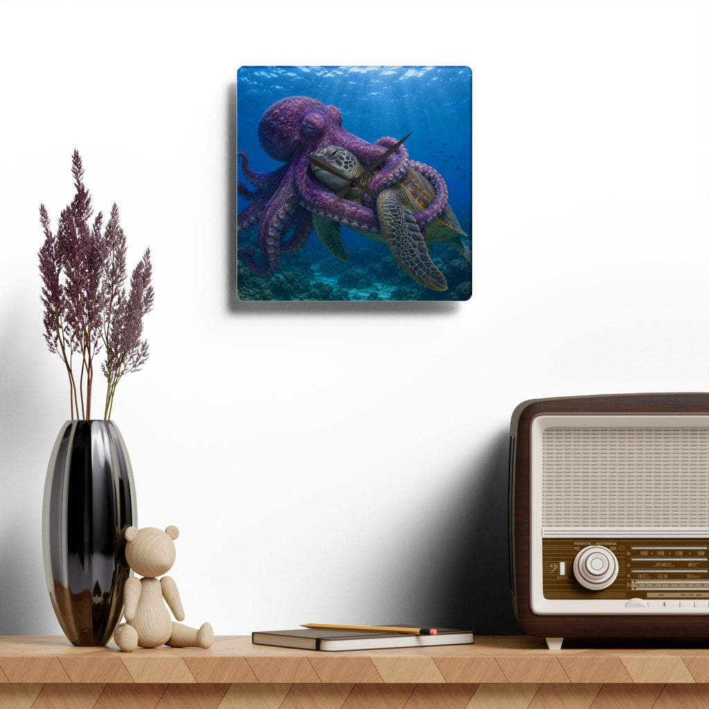 Octopus Embrace Sea Turtle Acrylic Wall Clock | Ocean Marine Decor
