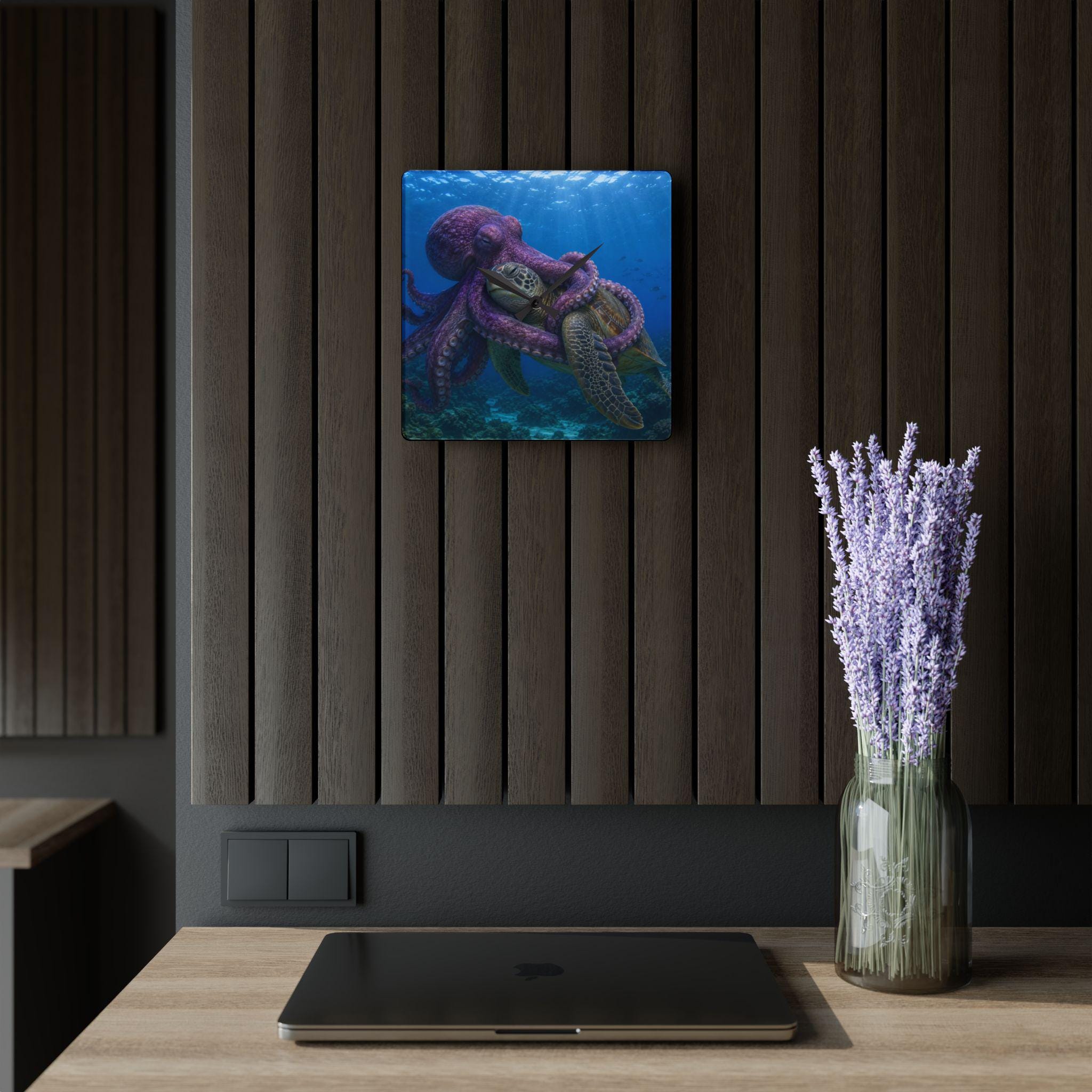Octopus Embrace Sea Turtle Acrylic Wall Clock | Ocean Marine Decor