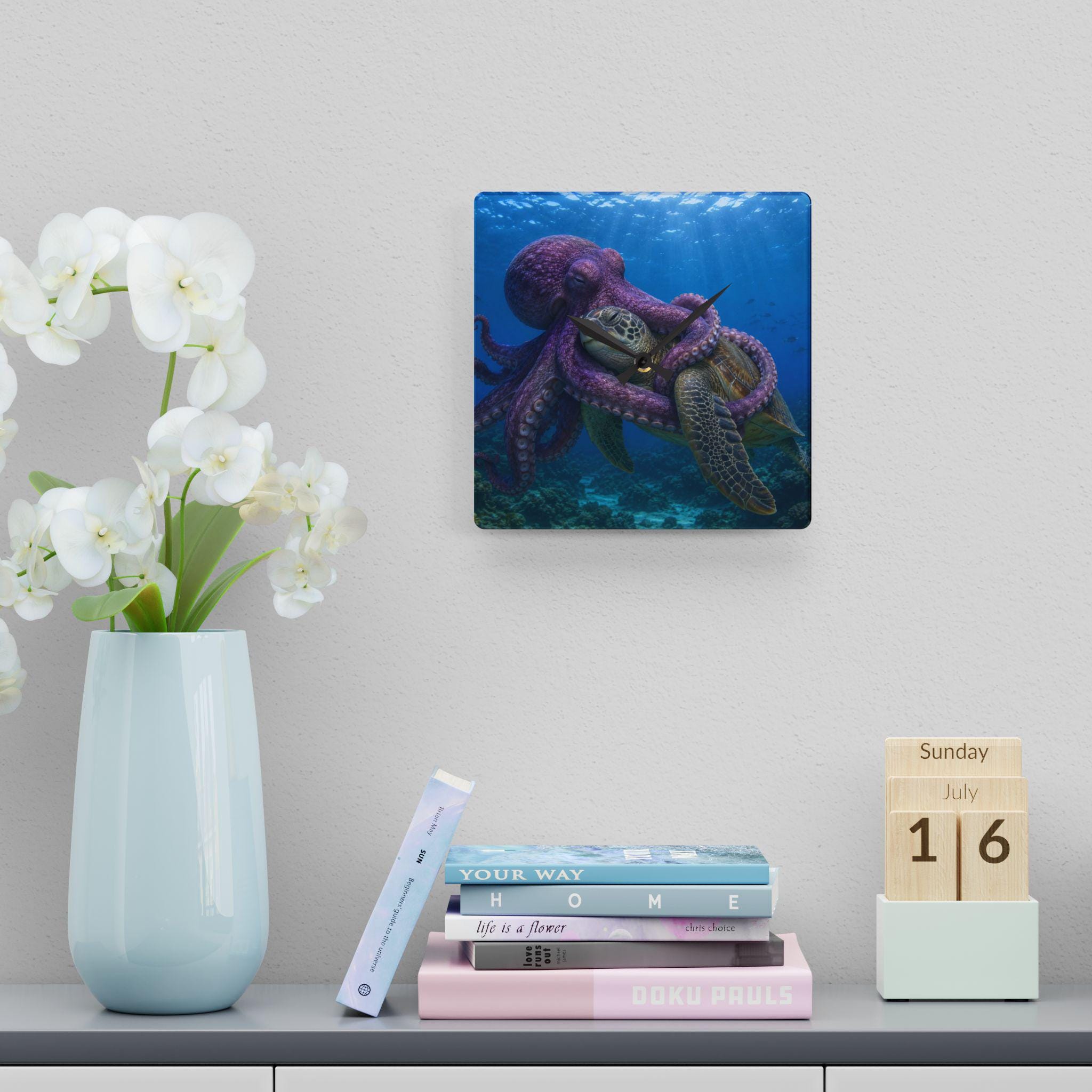 Octopus Embrace Sea Turtle Acrylic Wall Clock | Ocean Marine Decor