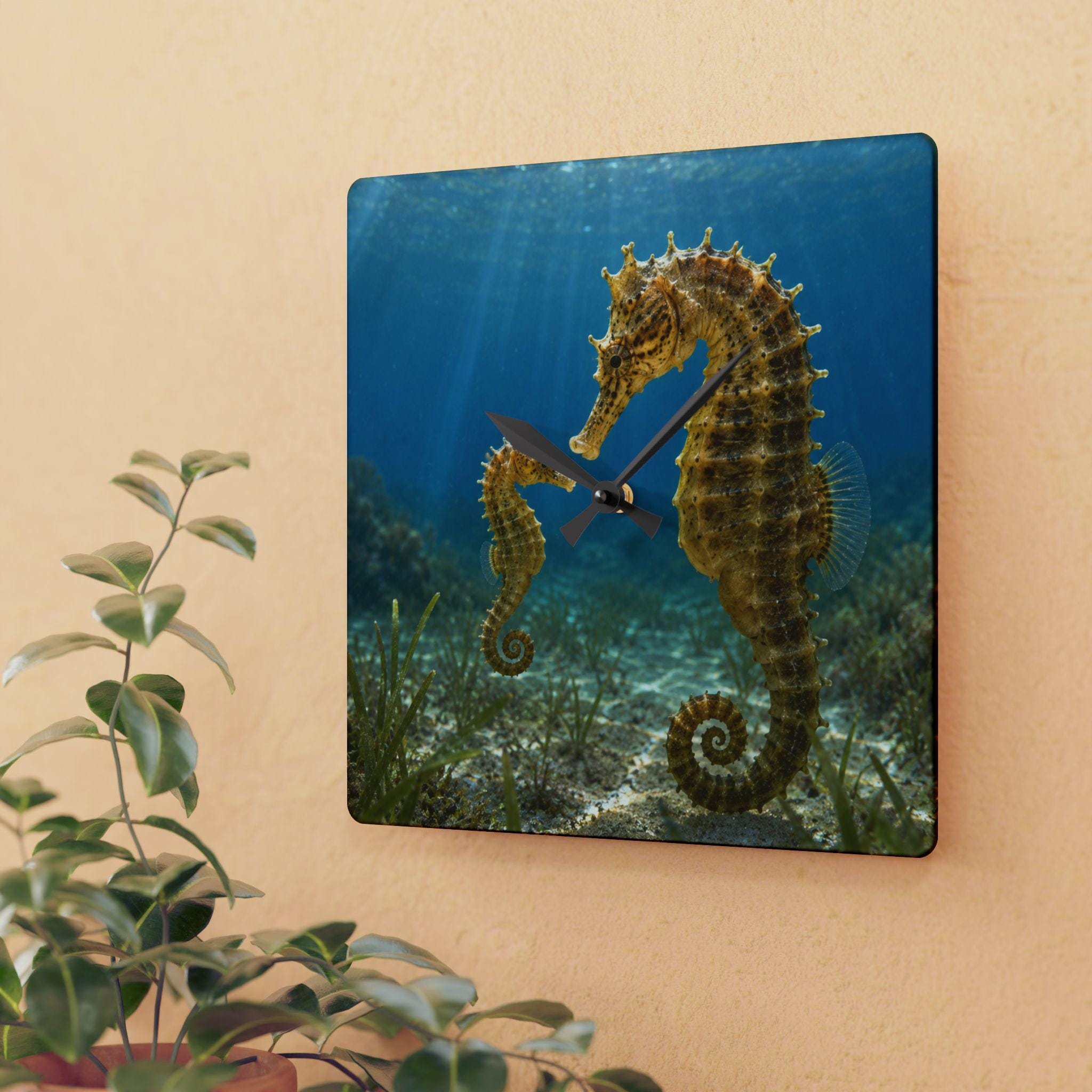 Seahorse Underwater Scene Acrylic Wall Clock | Ocean Marine Decor