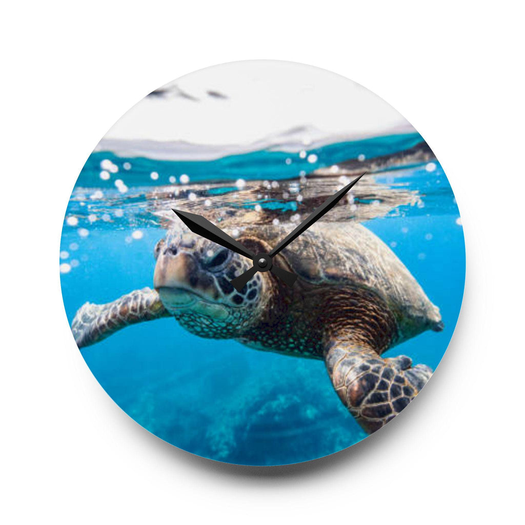 Sea Turtle Underwater Acrylic Wall Clock | Ocean Photography, Coastal Decor