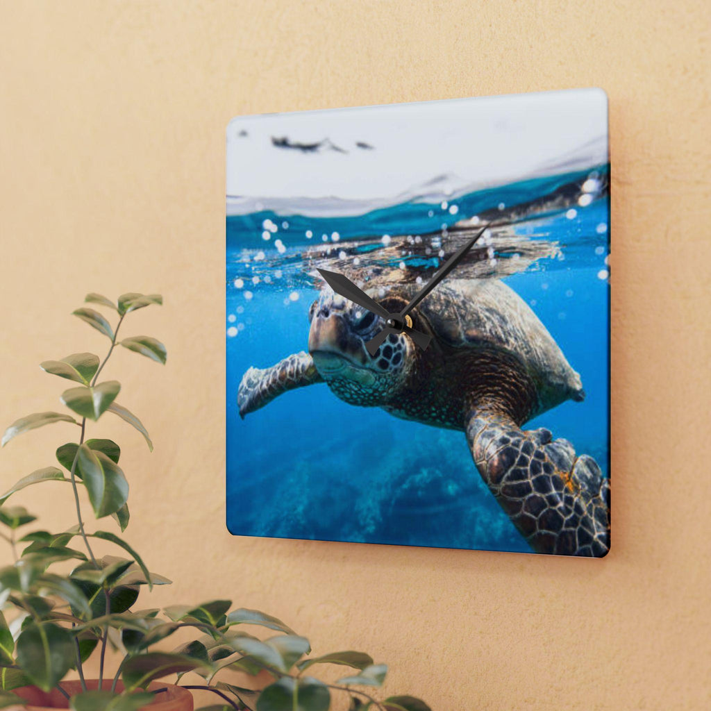 Sea Turtle Underwater Acrylic Wall Clock | Ocean Photography, Coastal Decor