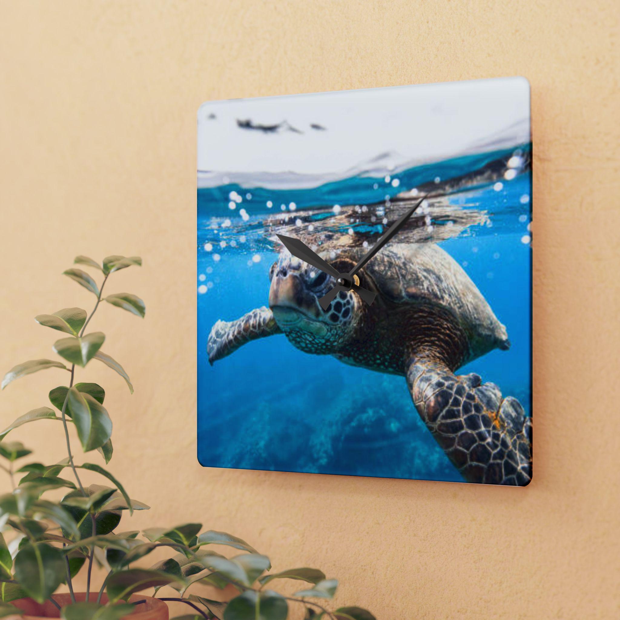 Sea Turtle Underwater Acrylic Wall Clock | Ocean Photography, Coastal Decor