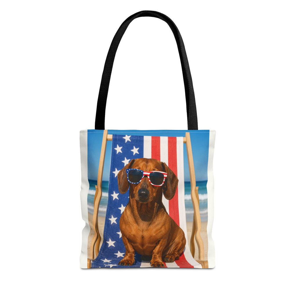 Patriotic Dachshund on Beach Tote Bag | American Flag Beach Scene
