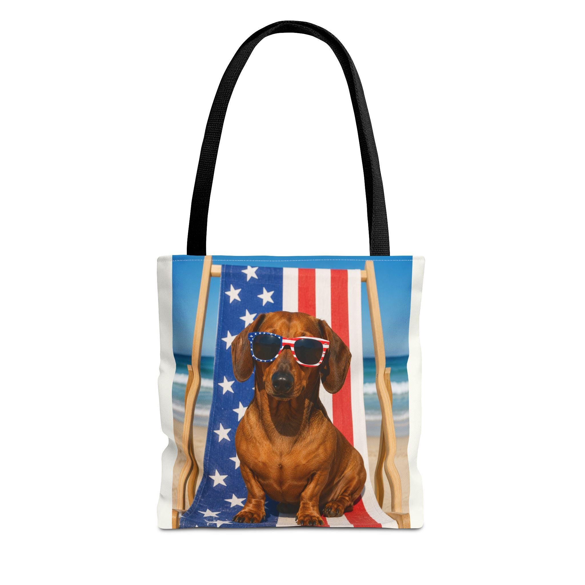 Patriotic Dachshund on Beach Tote Bag | American Flag Beach Scene