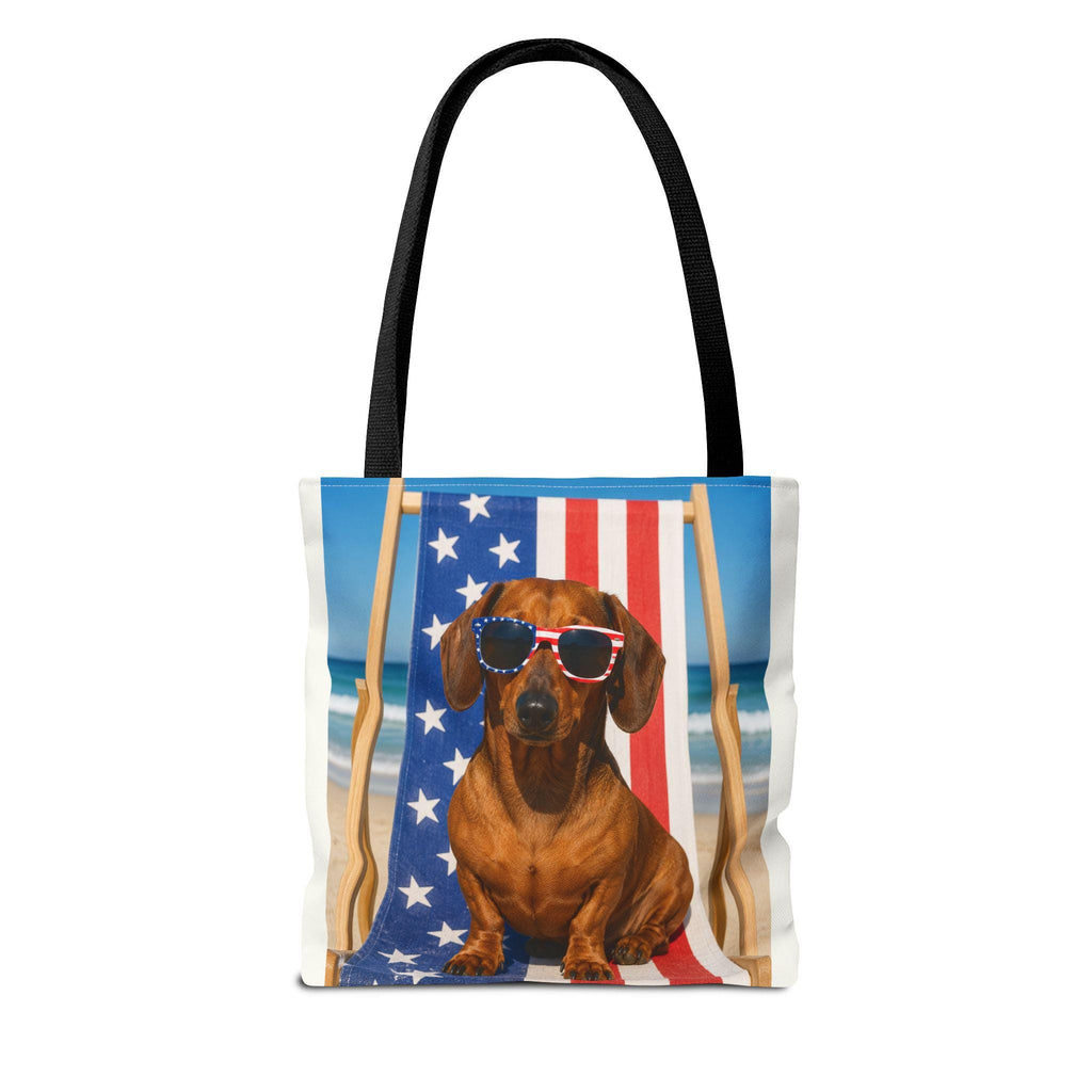 Patriotic Dachshund on Beach Tote Bag | American Flag Beach Scene