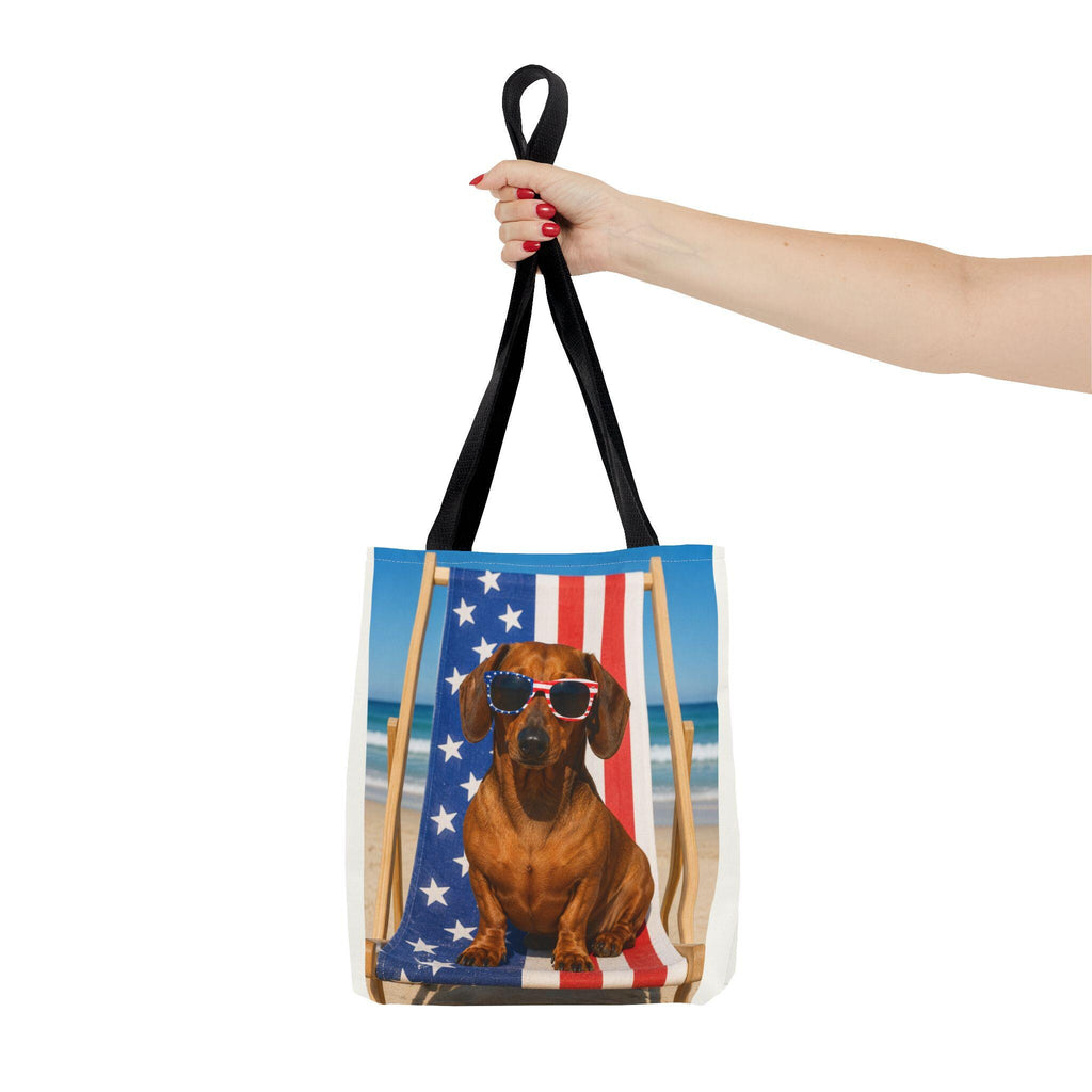 Patriotic Dachshund on Beach Tote Bag | American Flag Beach Scene