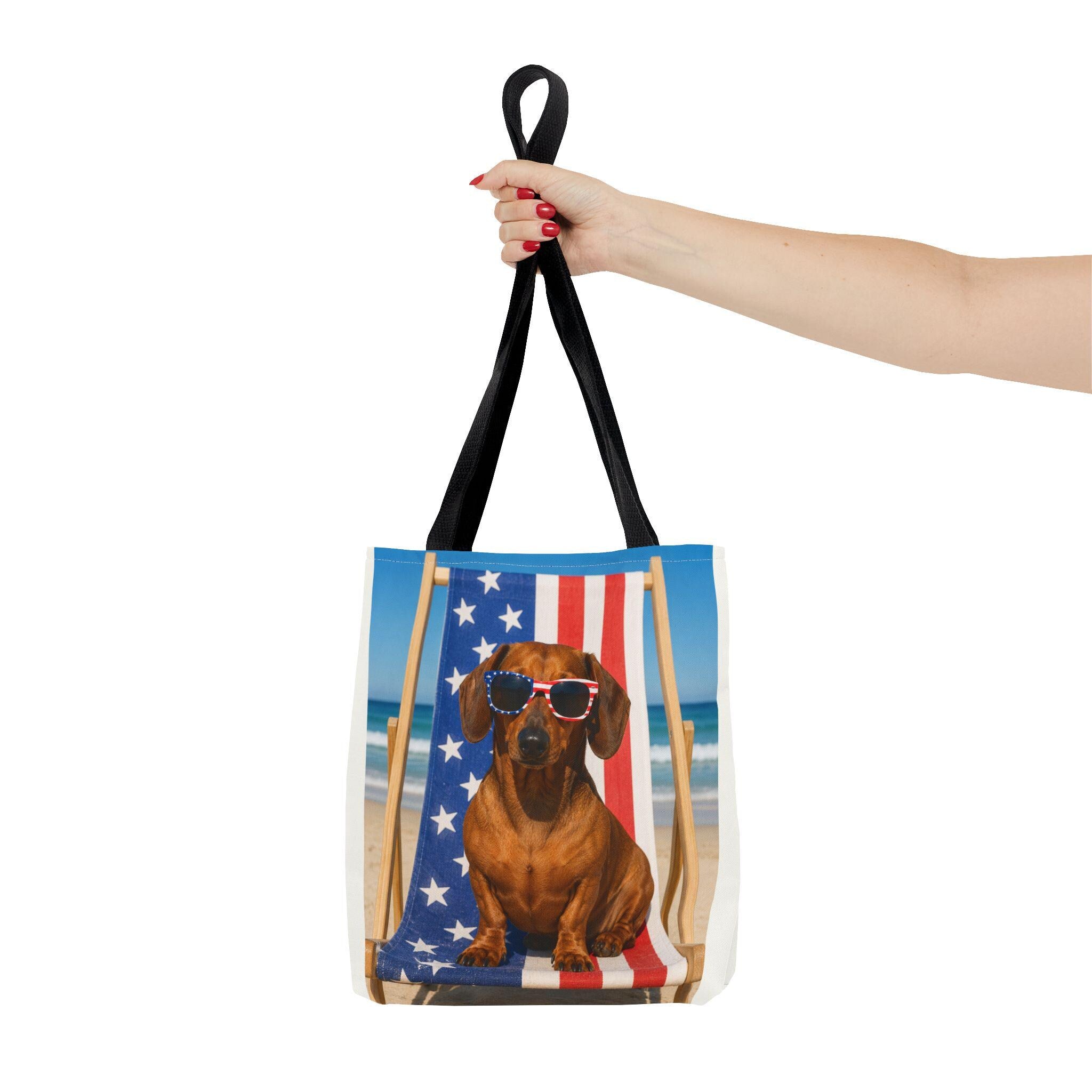 Patriotic Dachshund on Beach Tote Bag | American Flag Beach Scene