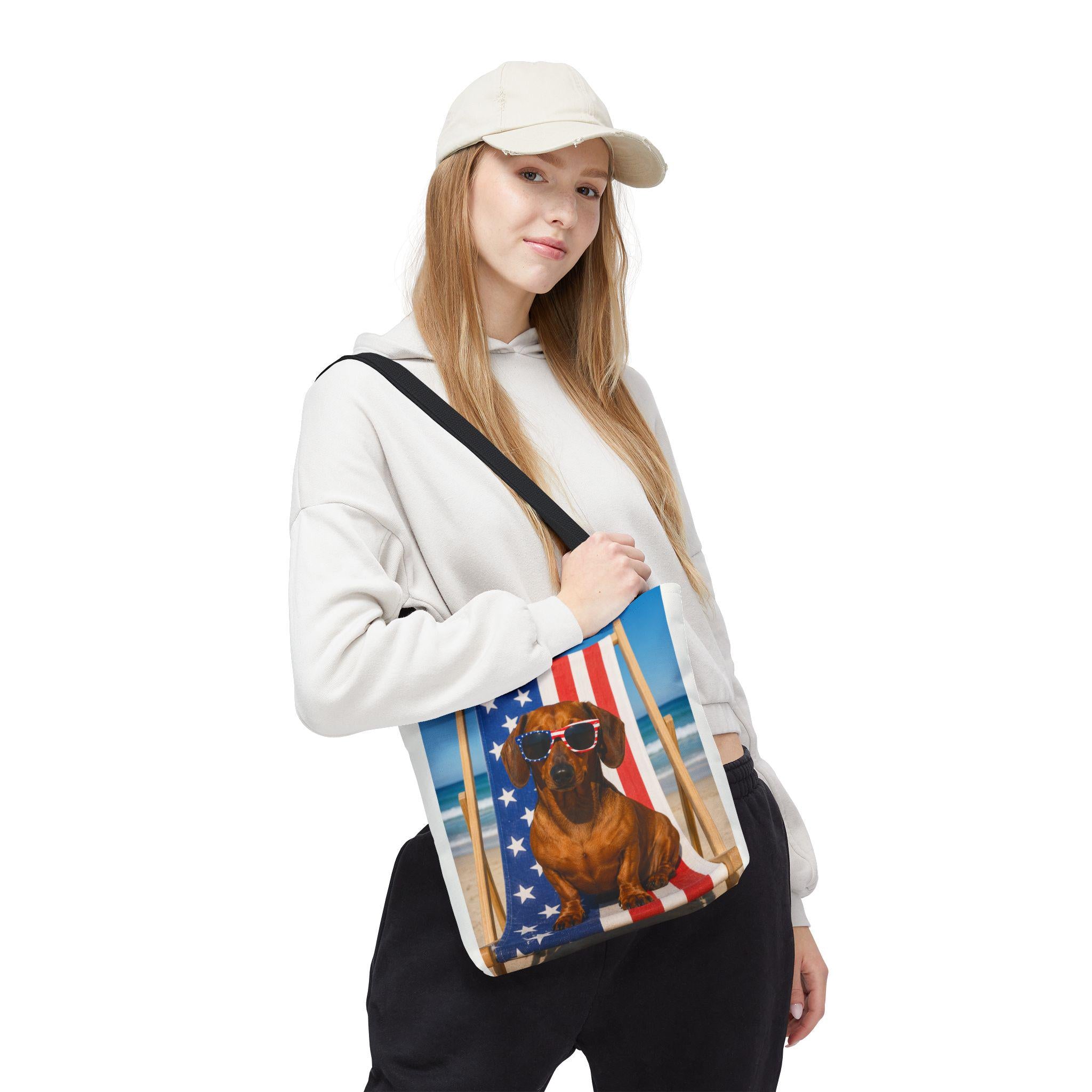 Patriotic Dachshund on Beach Tote Bag | American Flag Beach Scene