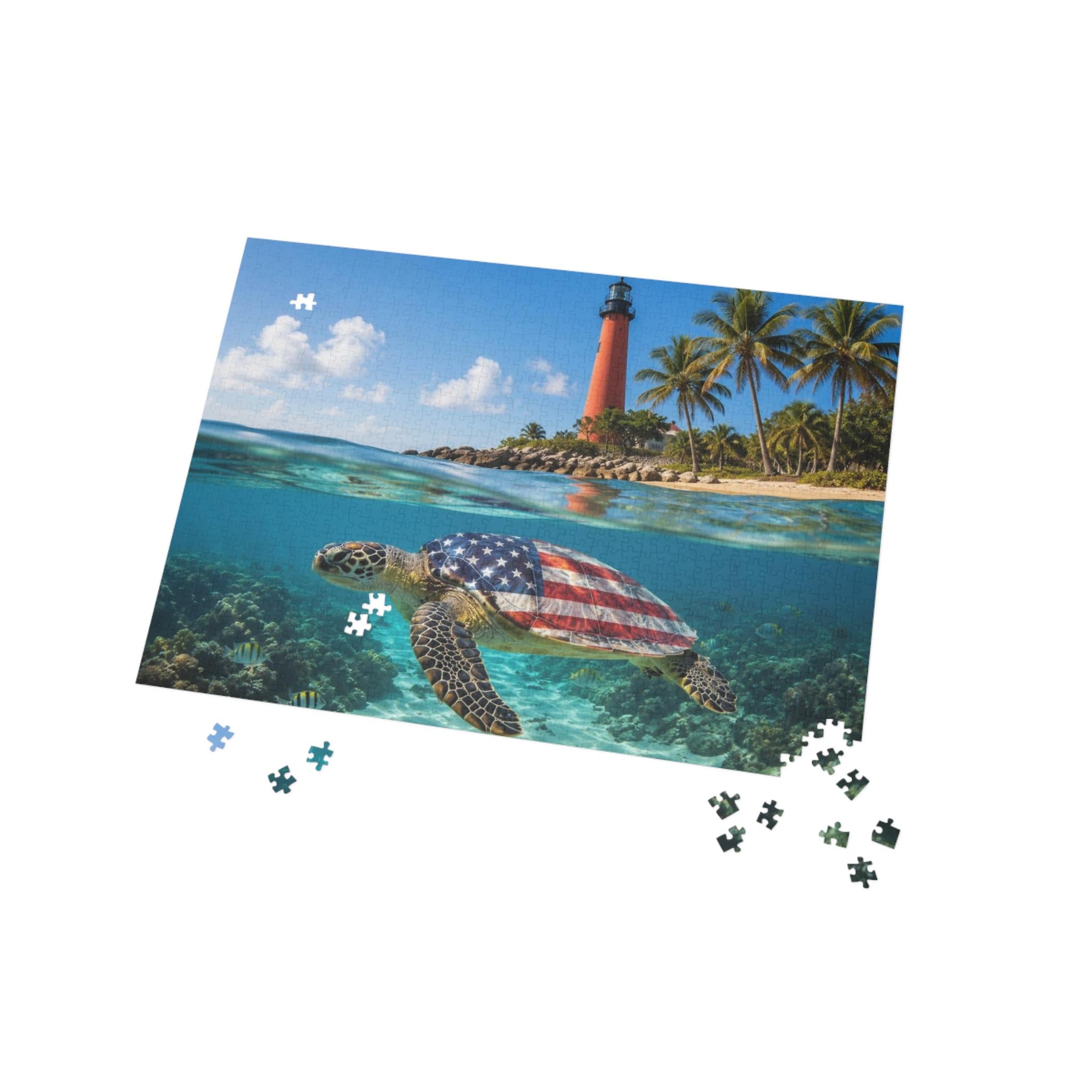 American Flag Sea Turtle Puzzle | Lighthouse Beach Ocean Jigsaw