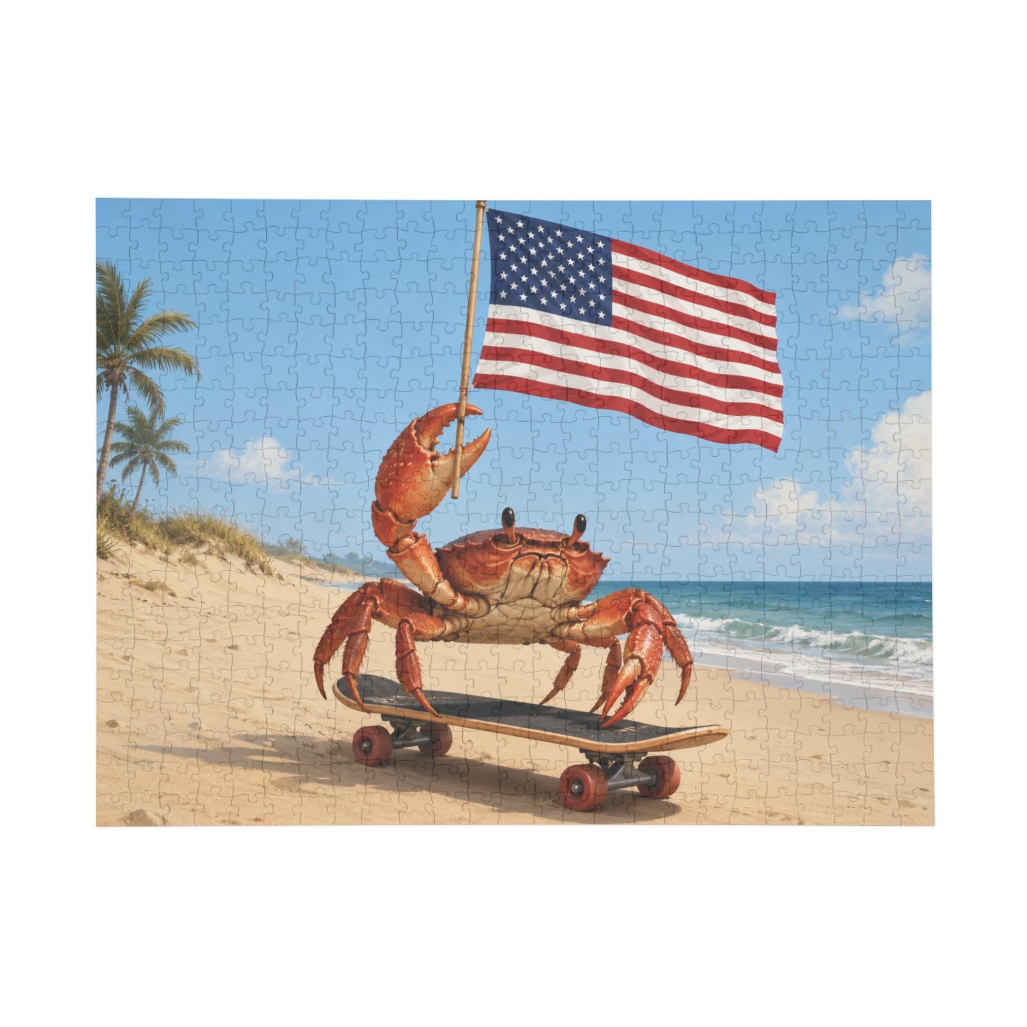 Patriotic Crab on Skateboard Puzzle | Beach Flag Jigsaw
