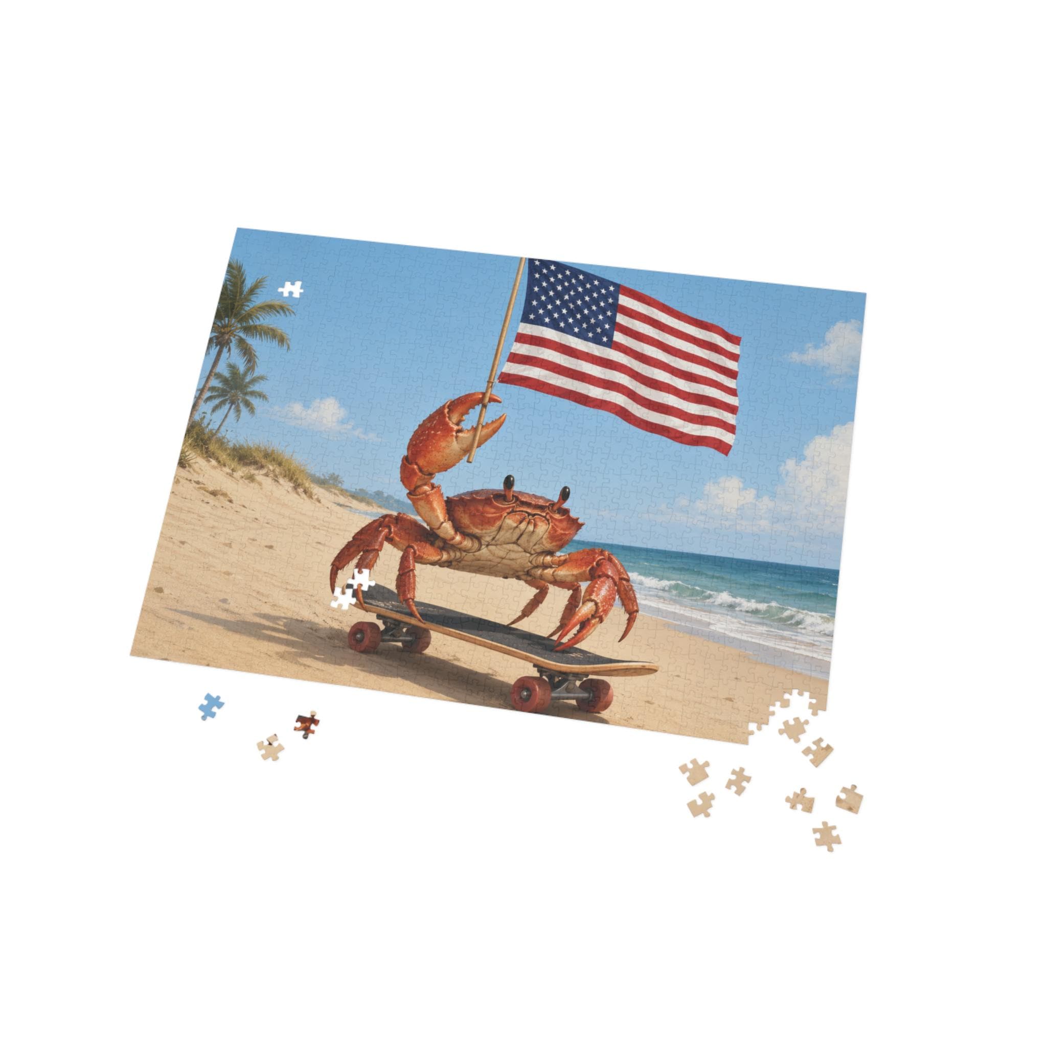 Patriotic Crab on Skateboard Puzzle | Beach Flag Jigsaw