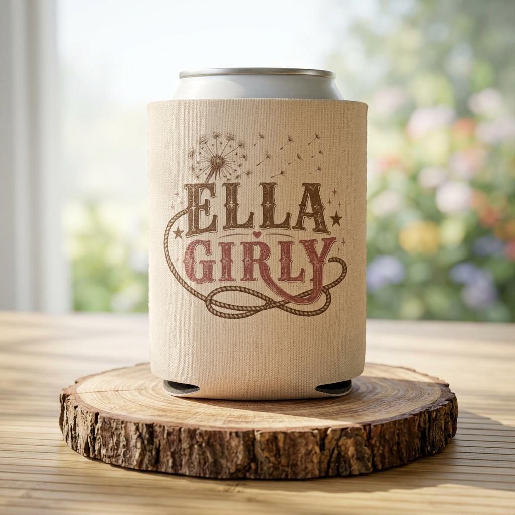 Ella Girly Can Cooler, Dandelion Drink Sleeve, Beer Koozie, Gift for Country Music Lovers