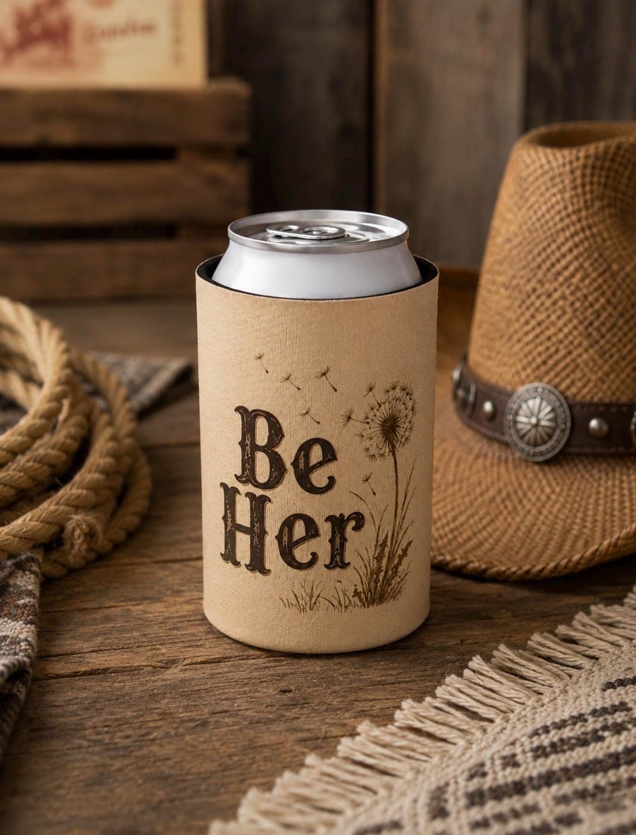 Be Her Can Cooler | Dandelion Illustration, Beige Foam Koozie