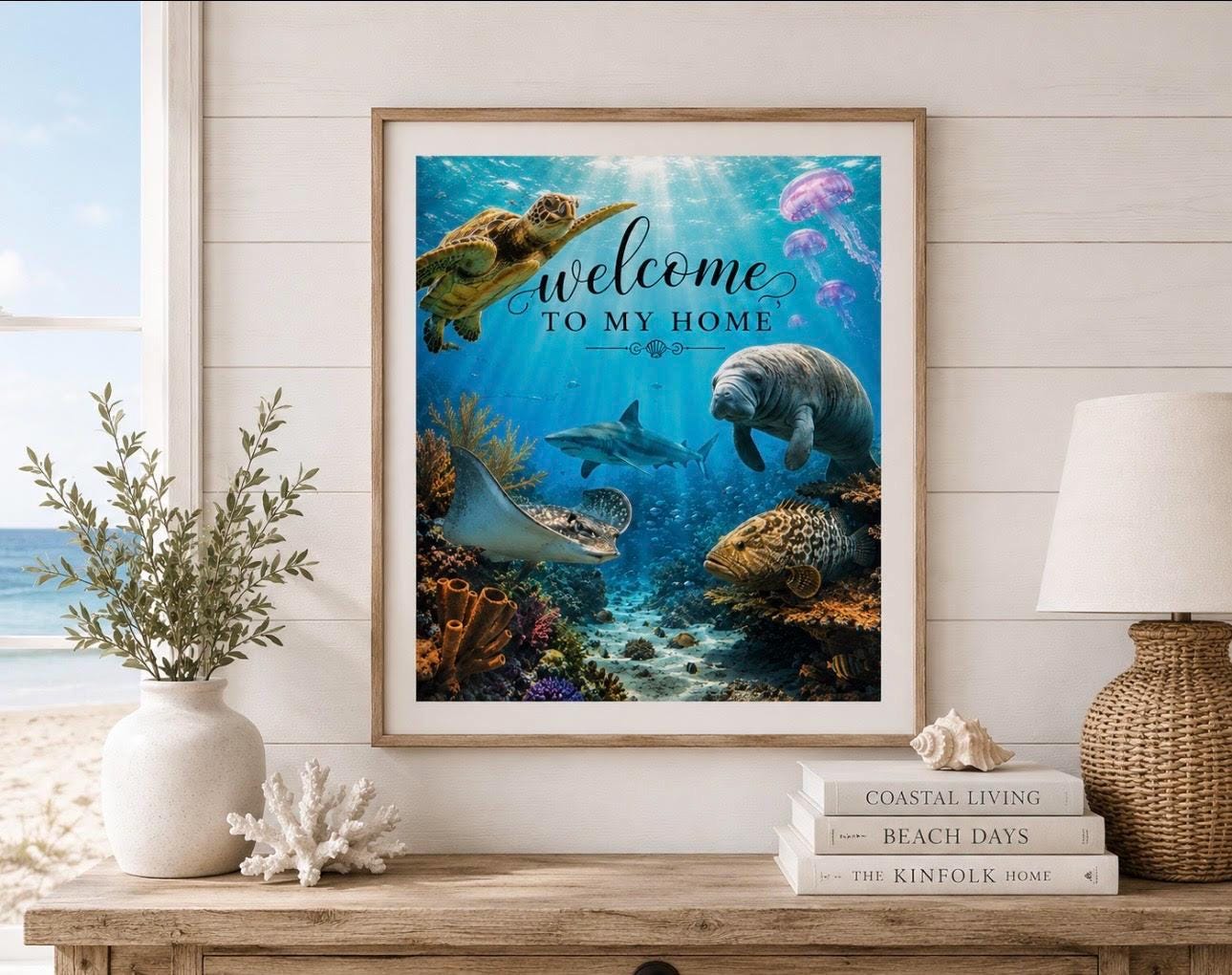 Welcome to My Home Ocean Wall Decor, Coastal Beach House Decor, Sea Turtle Manatee Stingray Digital Download