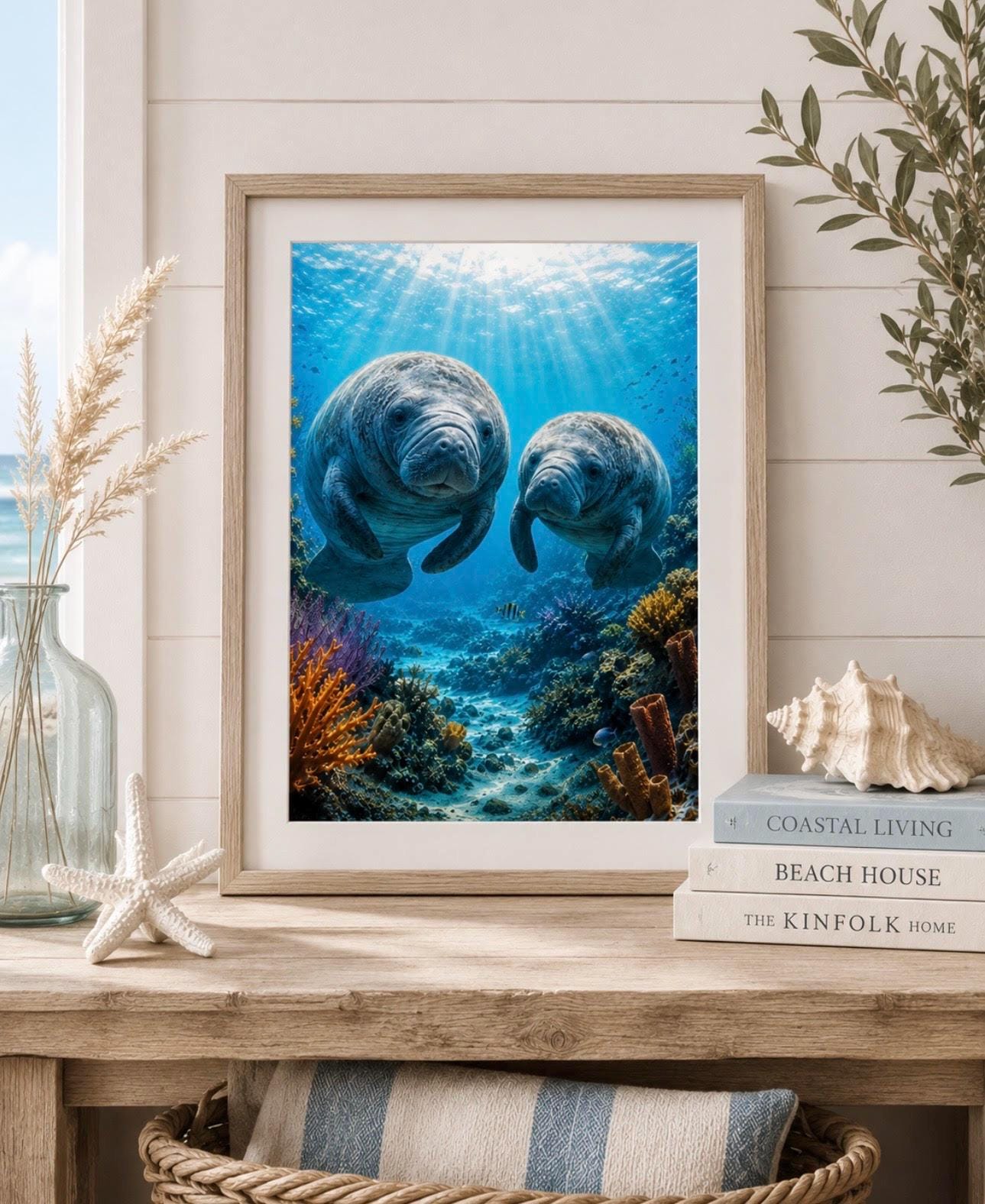 Two Manatees Ocean Wall Art Print | Coastal Digital Download | Underwater Sea Life Decor