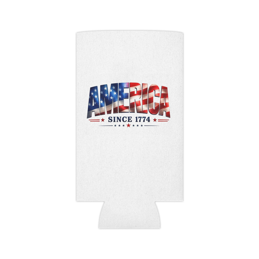 America Flag Text Can Cooler | 'America Since 1774' patriotic beverage sleeve