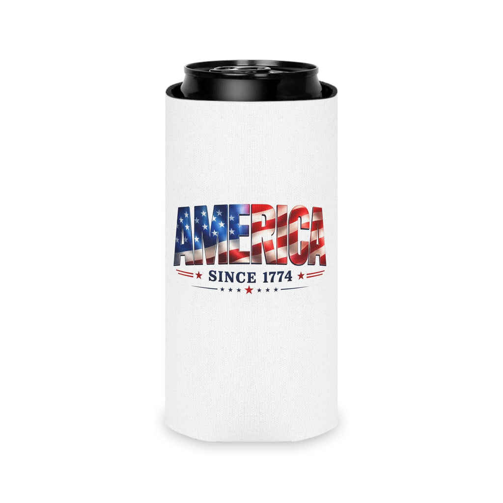 America Flag Text Can Cooler | 'America Since 1774' patriotic beverage sleeve