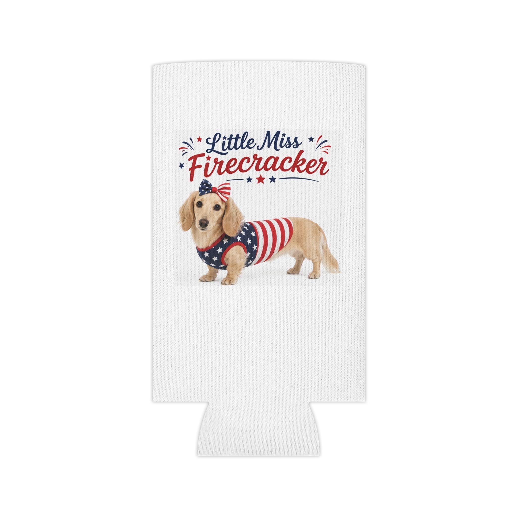 Little Miss Firecracker Dachshund Can Cooler | 4th of July Patriotic Sleeve
