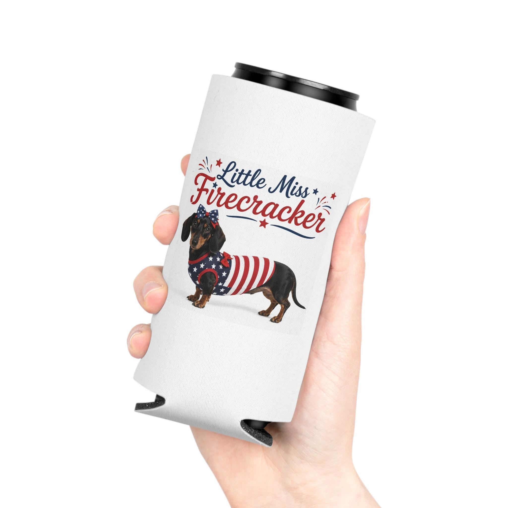 Little Miss Firecracker Can Cooler | Patriotic Dachshund, Fourth of July