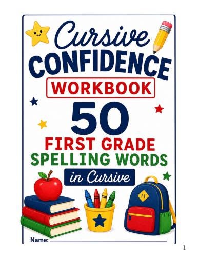 50 First Grade Cursive Spelling Words Workbook, Cursive Handwriting Practice, Homeschool PDF, Digital Download