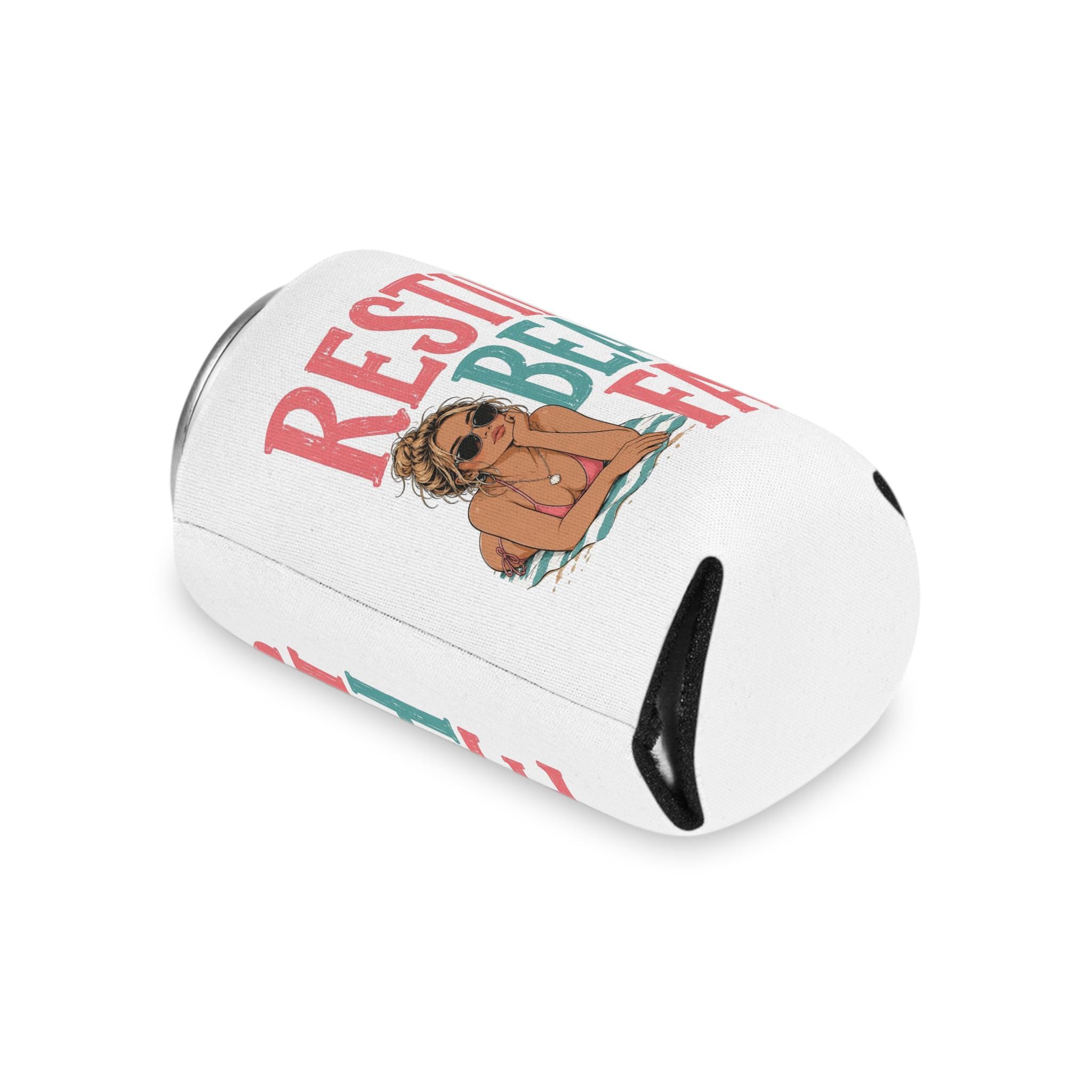 Resting Beach Face Can Cooler | Beach Babe Illustration, Summer Drink Sleeve