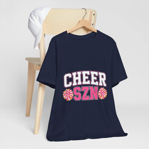 Cheer SZN T-Shirt, Pom Poms, Pink Lettering, Cheerleading T-Shirt, Game Day Cheer Shirt