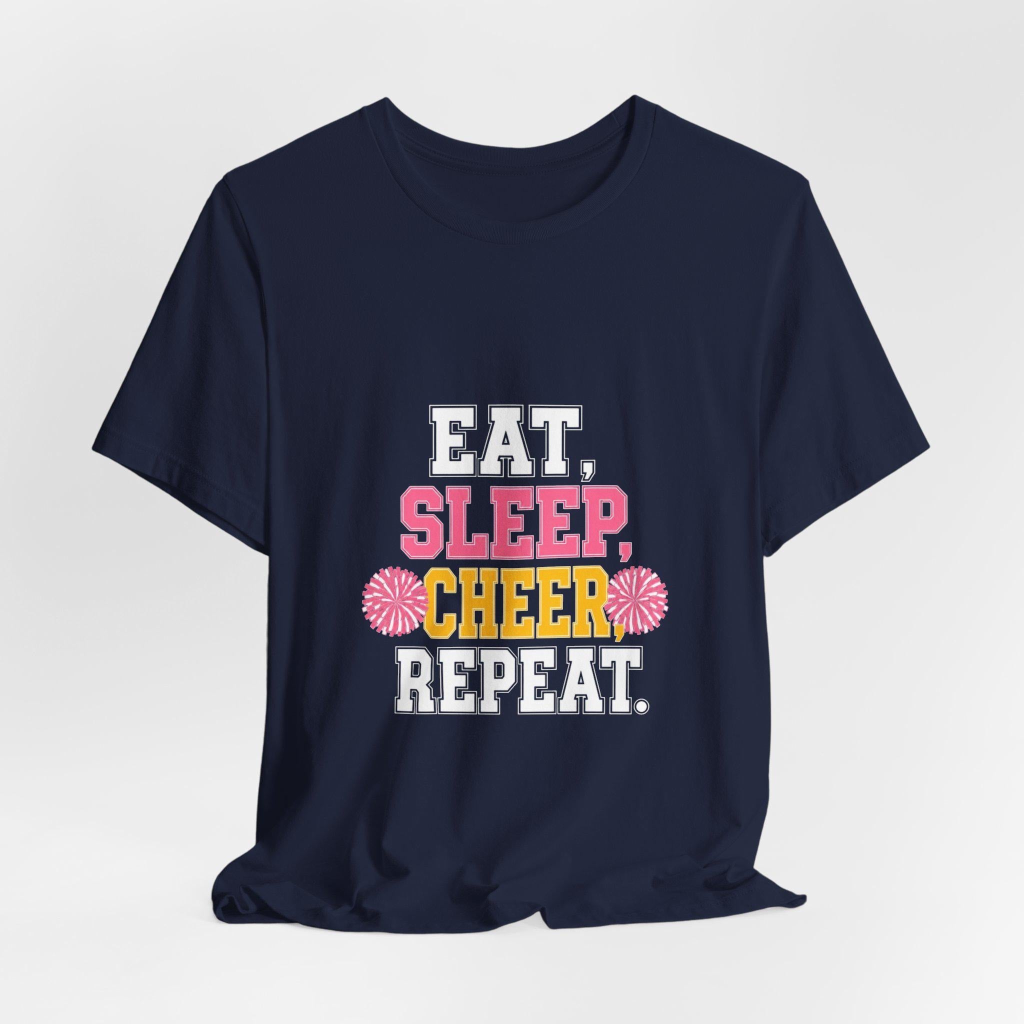 Eat Sleep Cheer Repeat T-Shirt | Cheerleading Pom Pom Tee