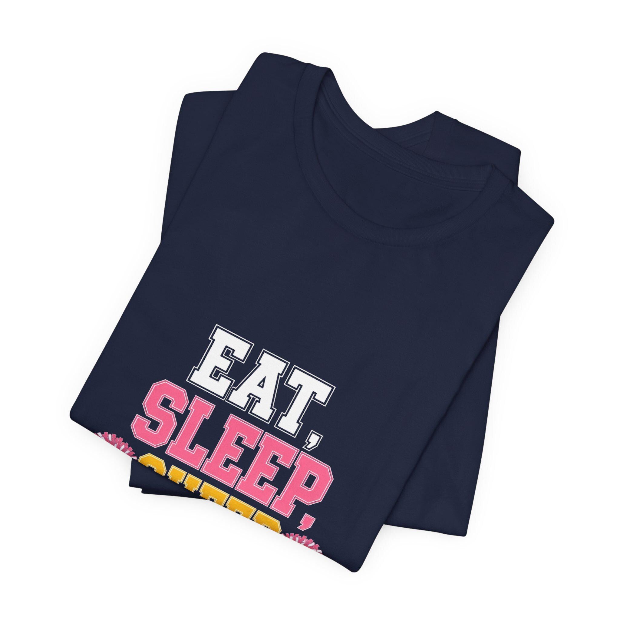 Eat Sleep Cheer Repeat T-Shirt | Cheerleading Pom Pom Tee