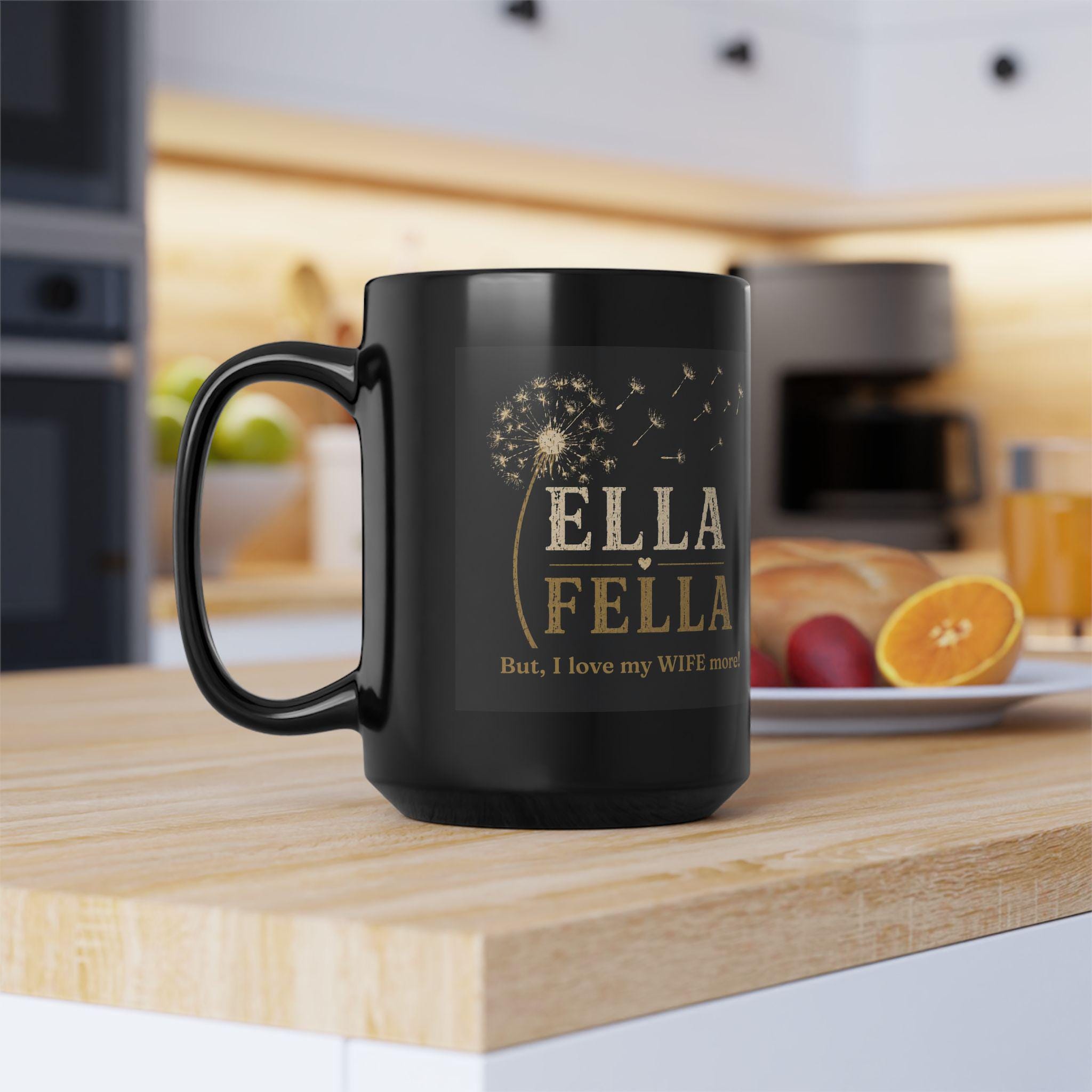 Black Ceramic Dandelion Mug, 15oz, Retro Gold Print, Husband Wife Gift