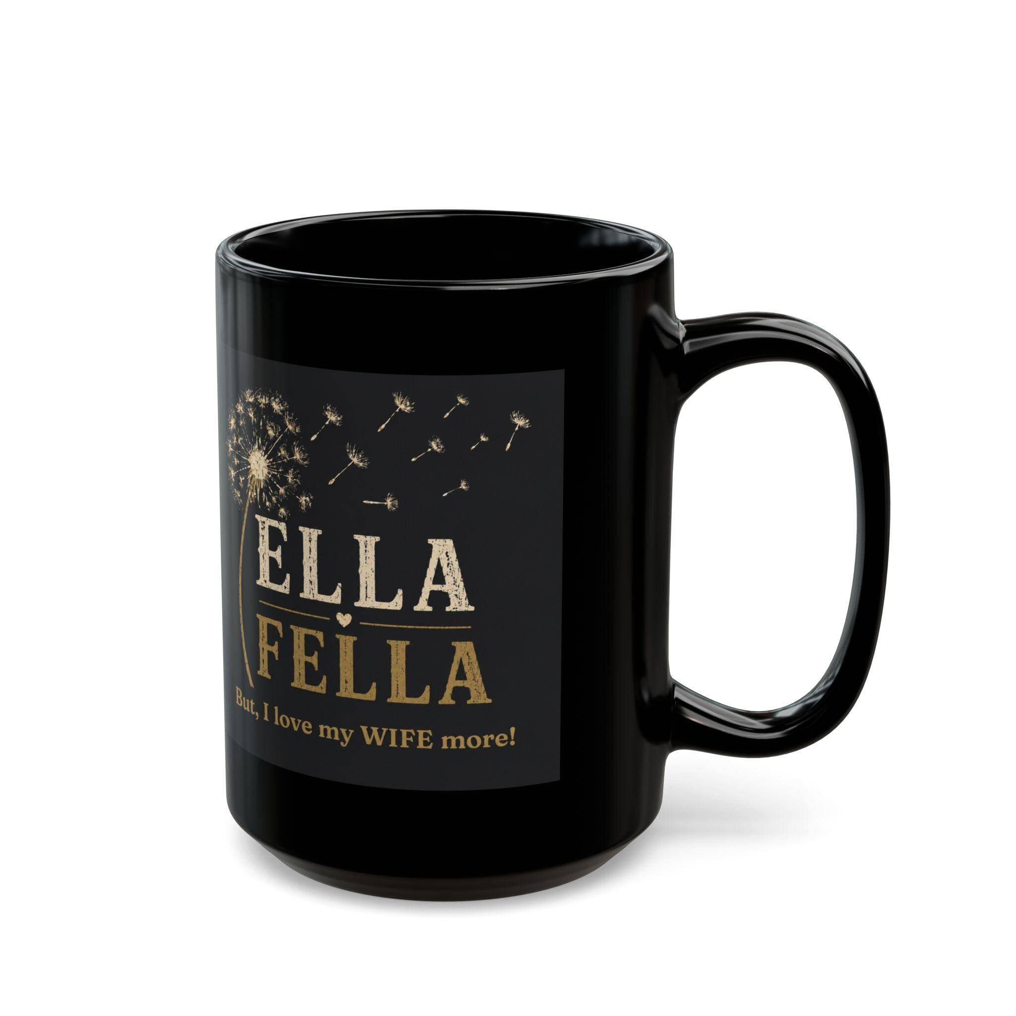 Black Ceramic Dandelion Mug, 15oz, Retro Gold Print, Husband Wife Gift