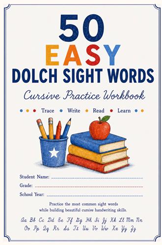 Dolch Sight Words Cursive Workbook, Handwriting Practice, First Grade Homeschool (Digital Download)