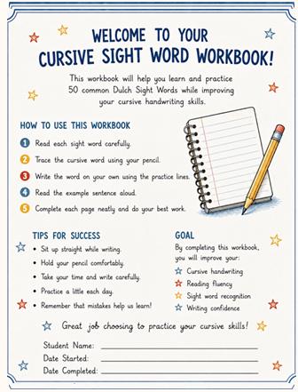 Dolch Sight Words Cursive Workbook, Handwriting Practice, First Grade Homeschool (Digital Download)
