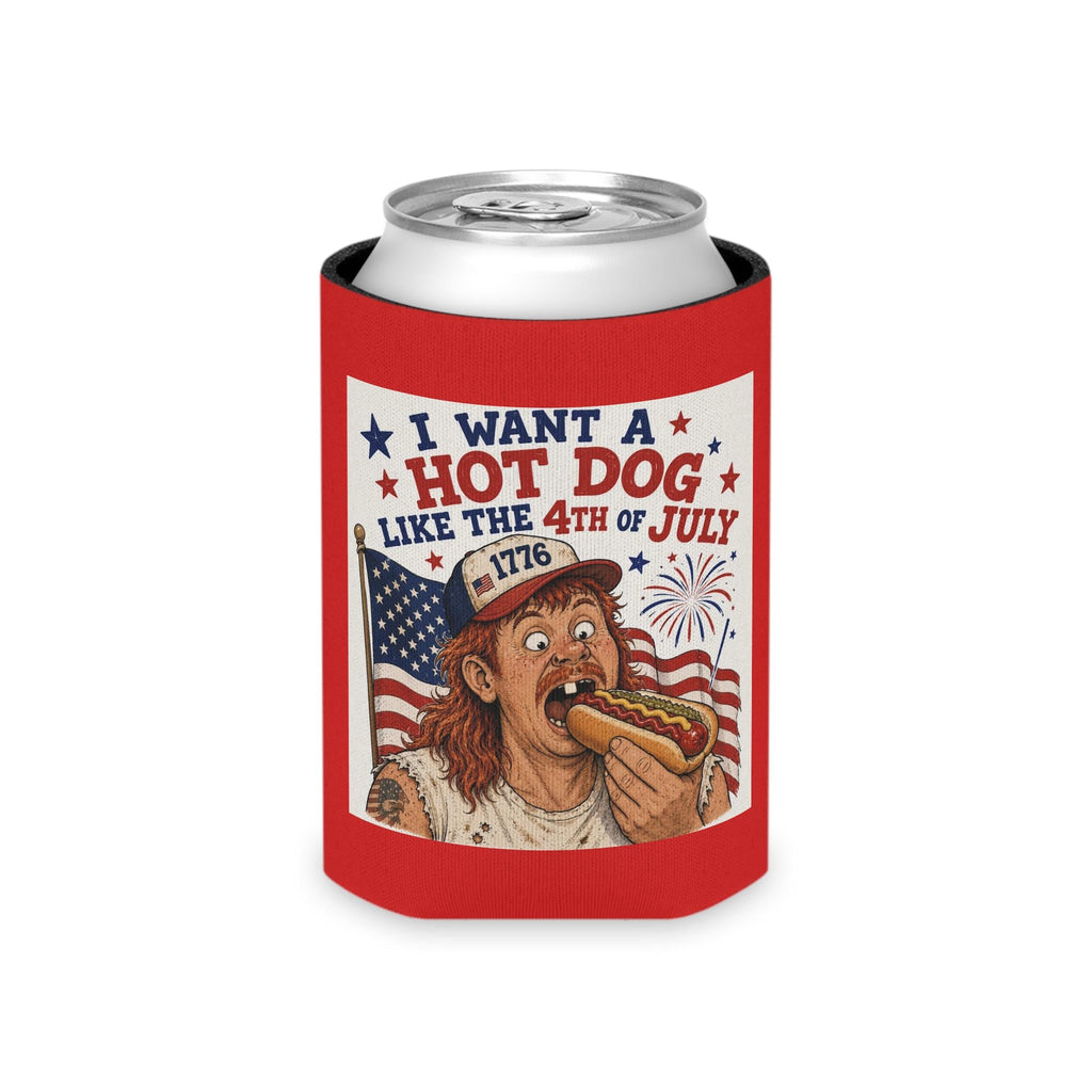 I Want a Hot Dog Like the 4th of July Can Cooler | Patriotic Hot Dog Graphic