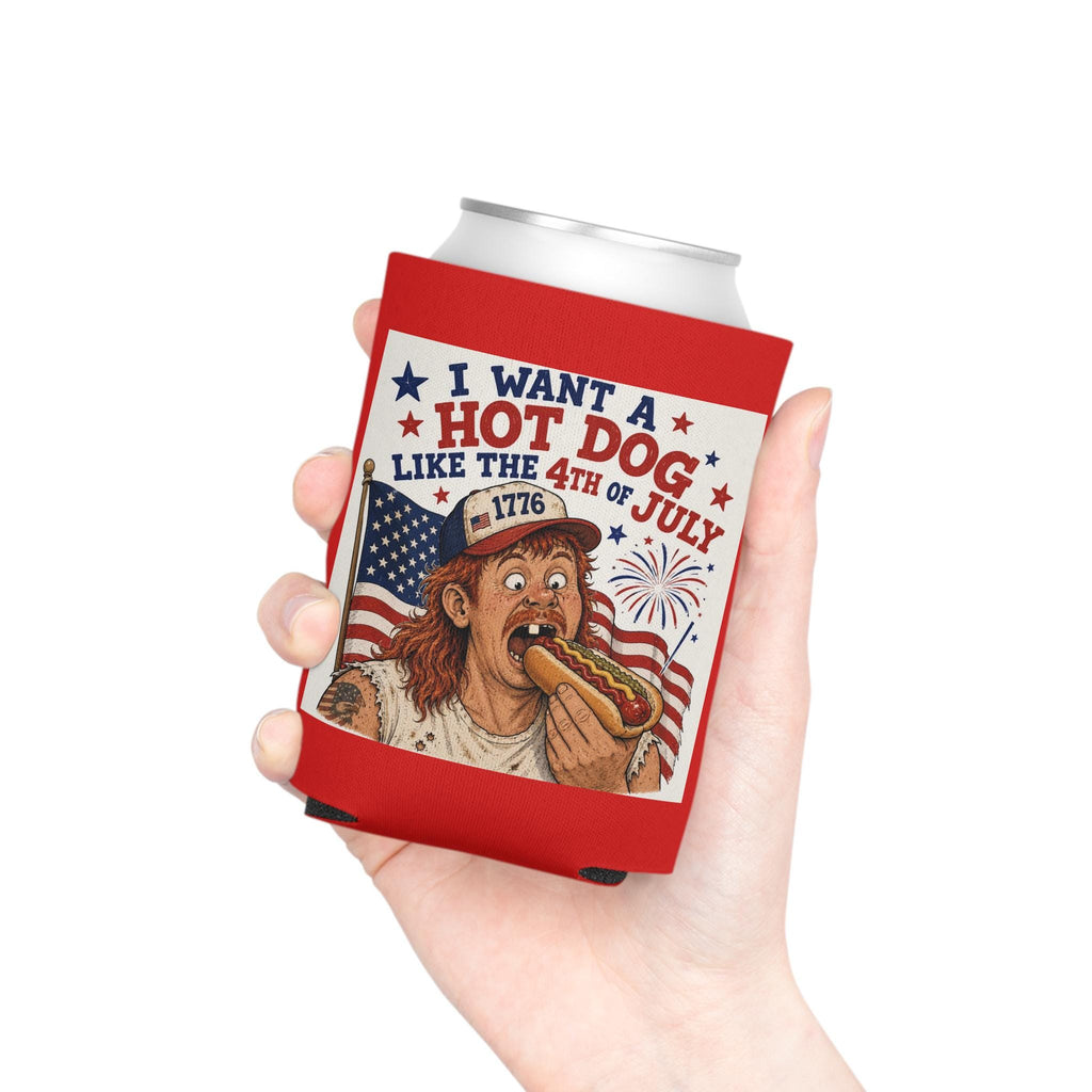 I Want a Hot Dog Like the 4th of July Can Cooler | Patriotic Hot Dog Graphic