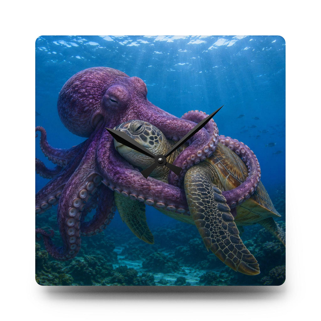 Octopus Embrace Sea Turtle Acrylic Wall Clock | Ocean Marine Decor