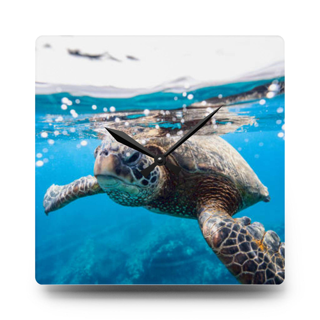 Sea Turtle Underwater Acrylic Wall Clock | Ocean Photography, Coastal Decor