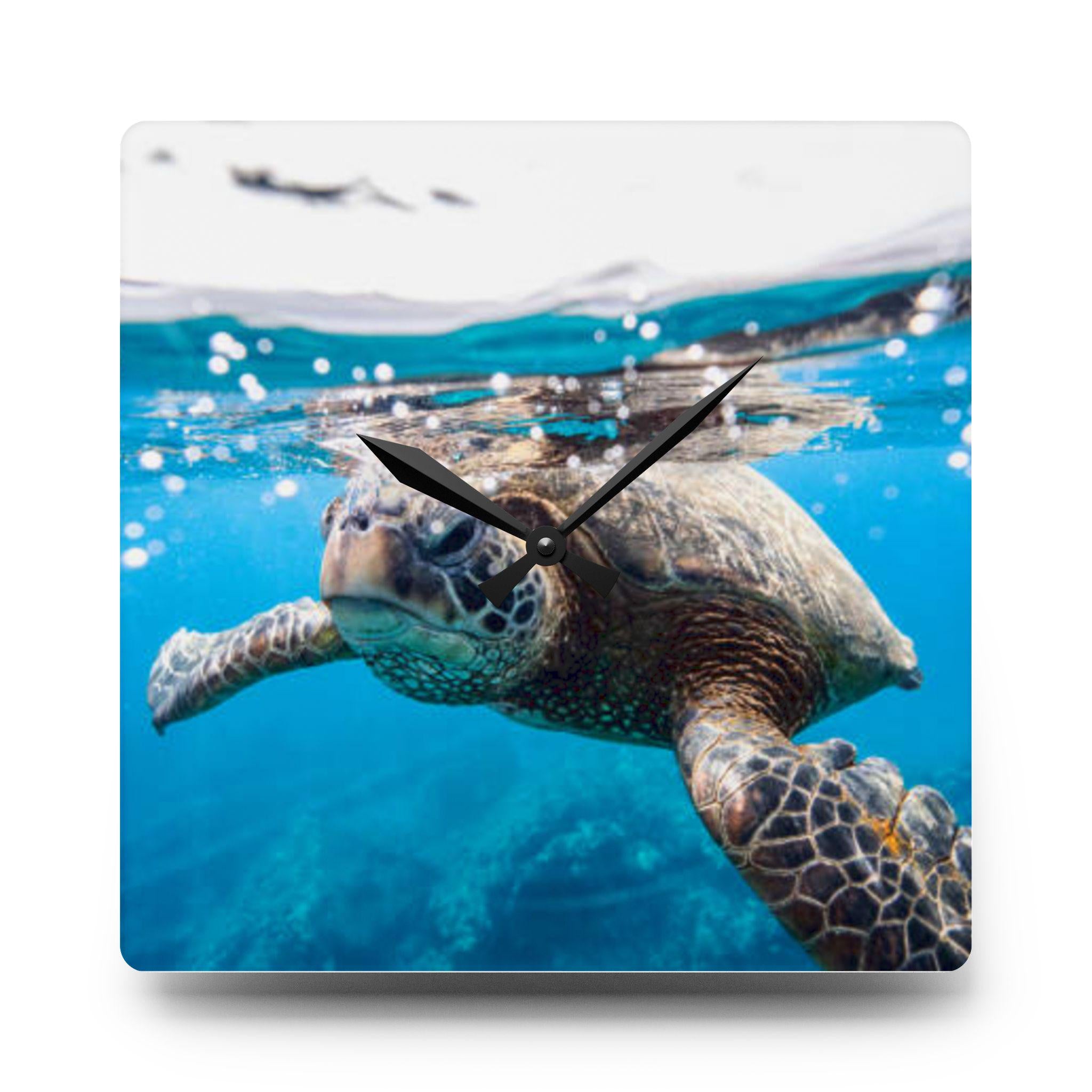 Sea Turtle Underwater Acrylic Wall Clock | Ocean Photography, Coastal Decor