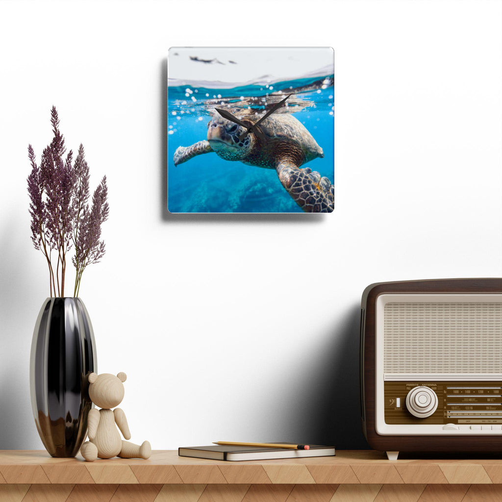 Sea Turtle Underwater Acrylic Wall Clock | Ocean Photography, Coastal Decor