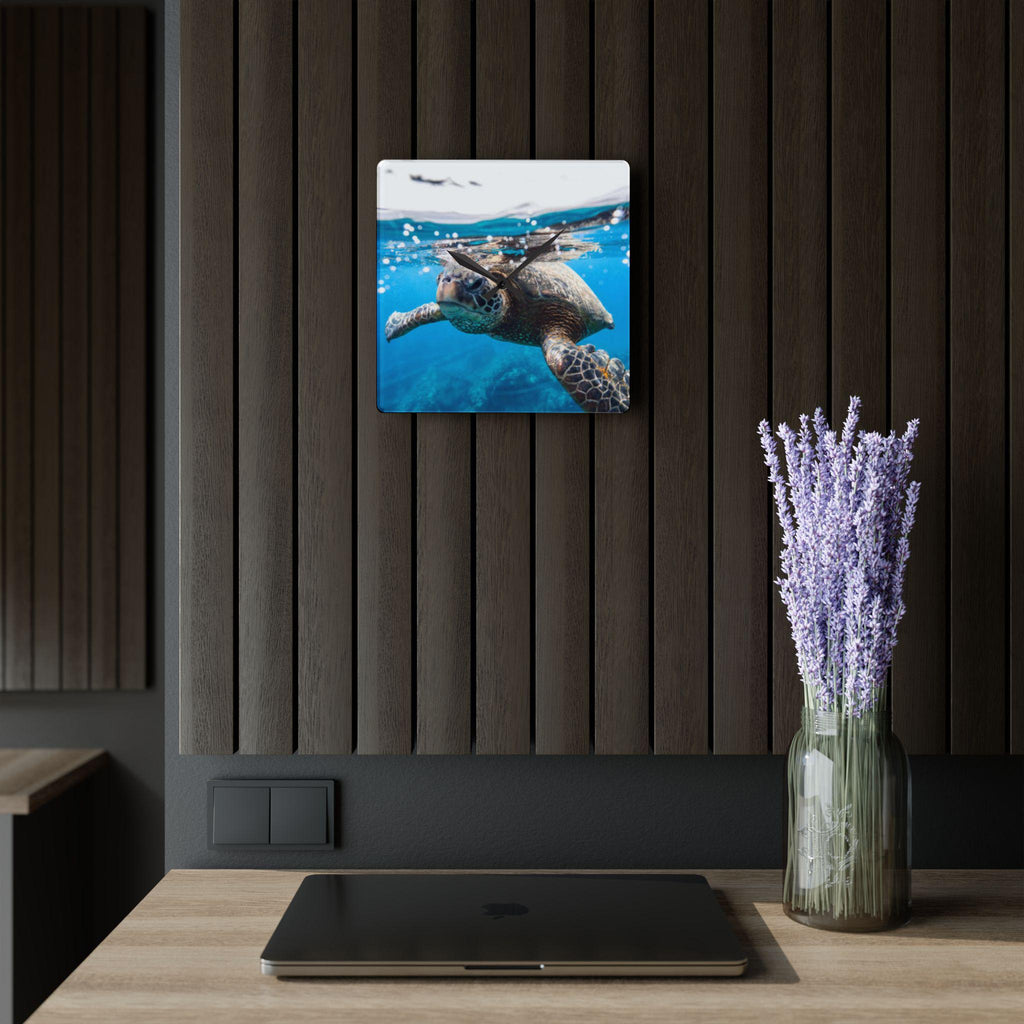 Sea Turtle Underwater Acrylic Wall Clock | Ocean Photography, Coastal Decor