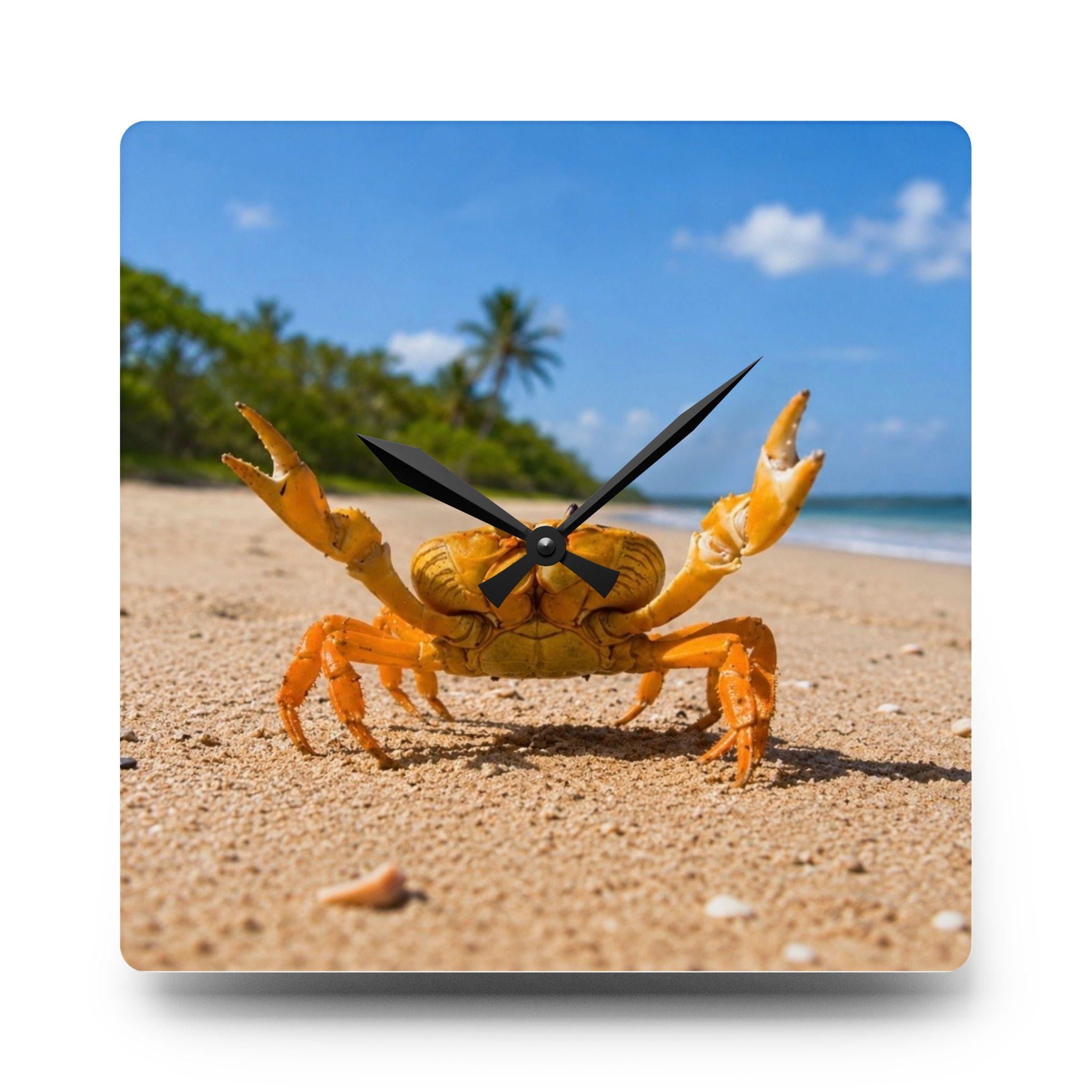 Yellow Beach Crab Acrylic Wall Clock | Coastal Beach Decor