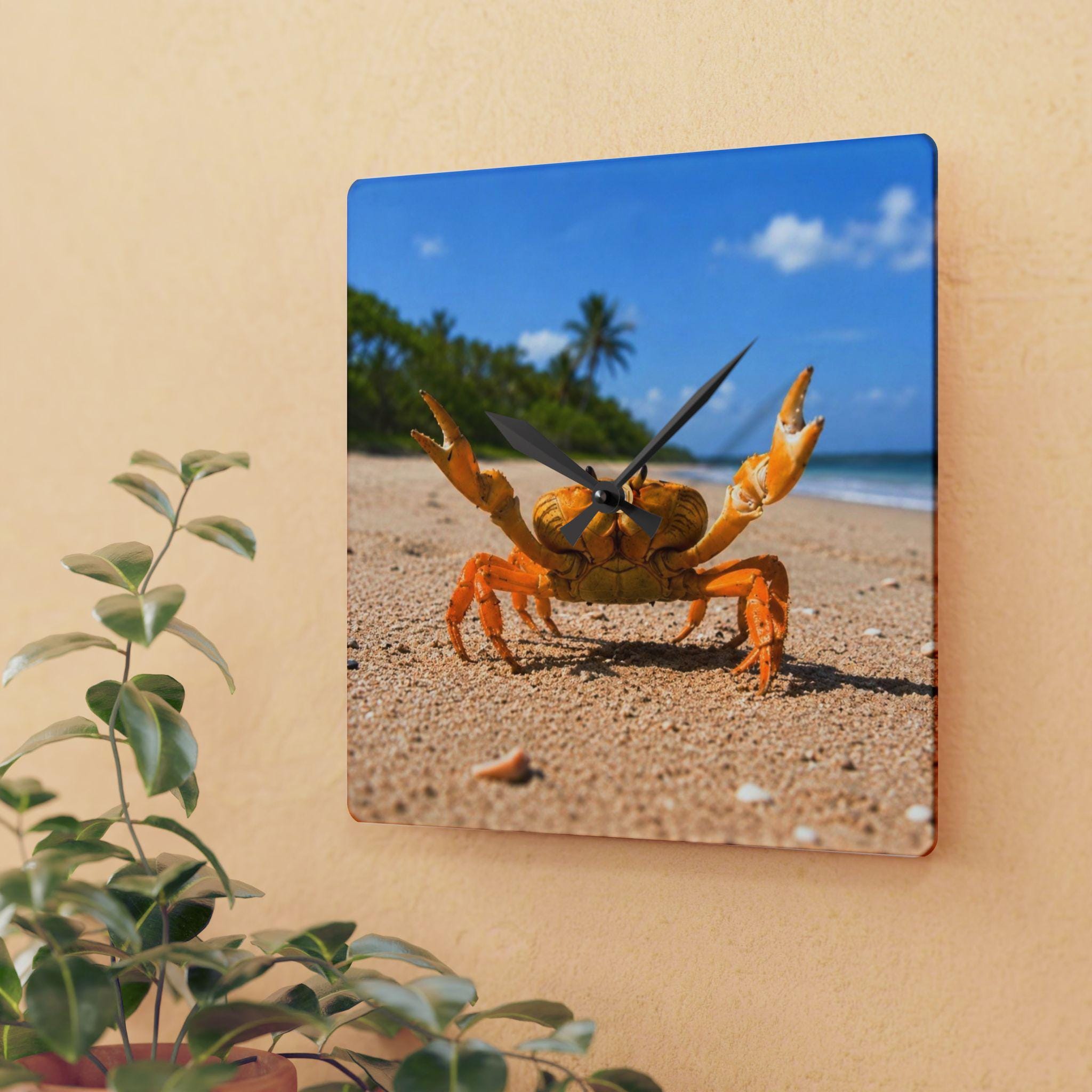 Yellow Beach Crab Acrylic Wall Clock | Coastal Beach Decor