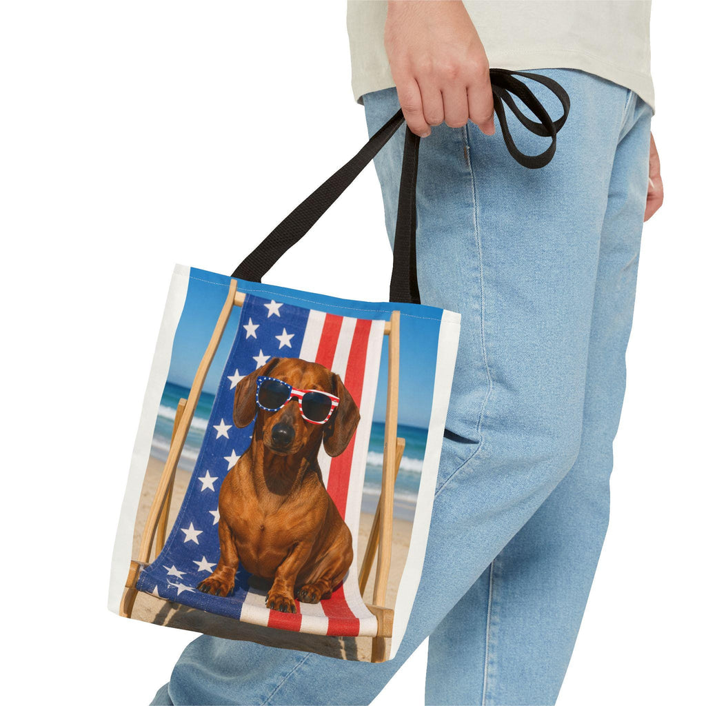 Patriotic Dachshund on Beach Tote Bag | American Flag Beach Scene
