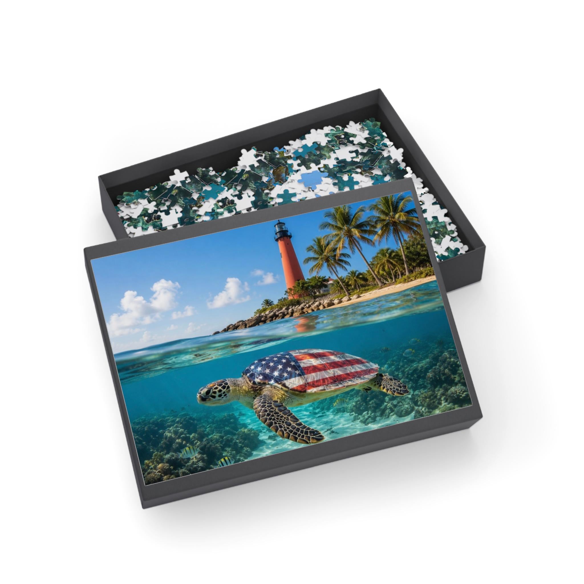American Flag Sea Turtle Puzzle | Lighthouse Beach Ocean Jigsaw