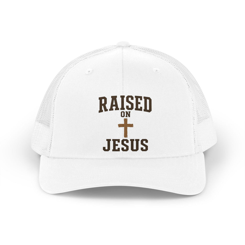 Raised on Jesus Trucker Hat, Vintage Style Embroidered Cross Cap
