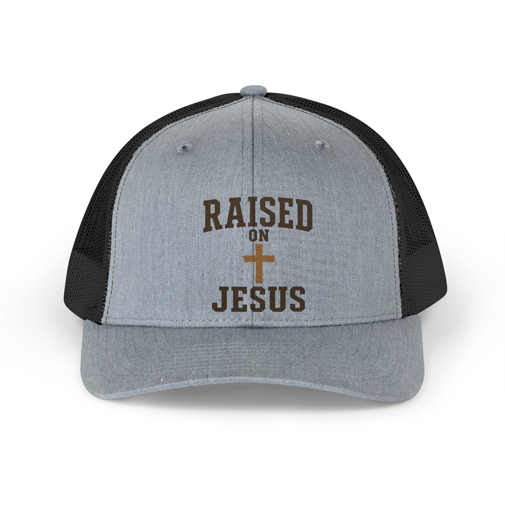 Raised on Jesus Trucker Hat, Vintage Style Embroidered Cross Cap