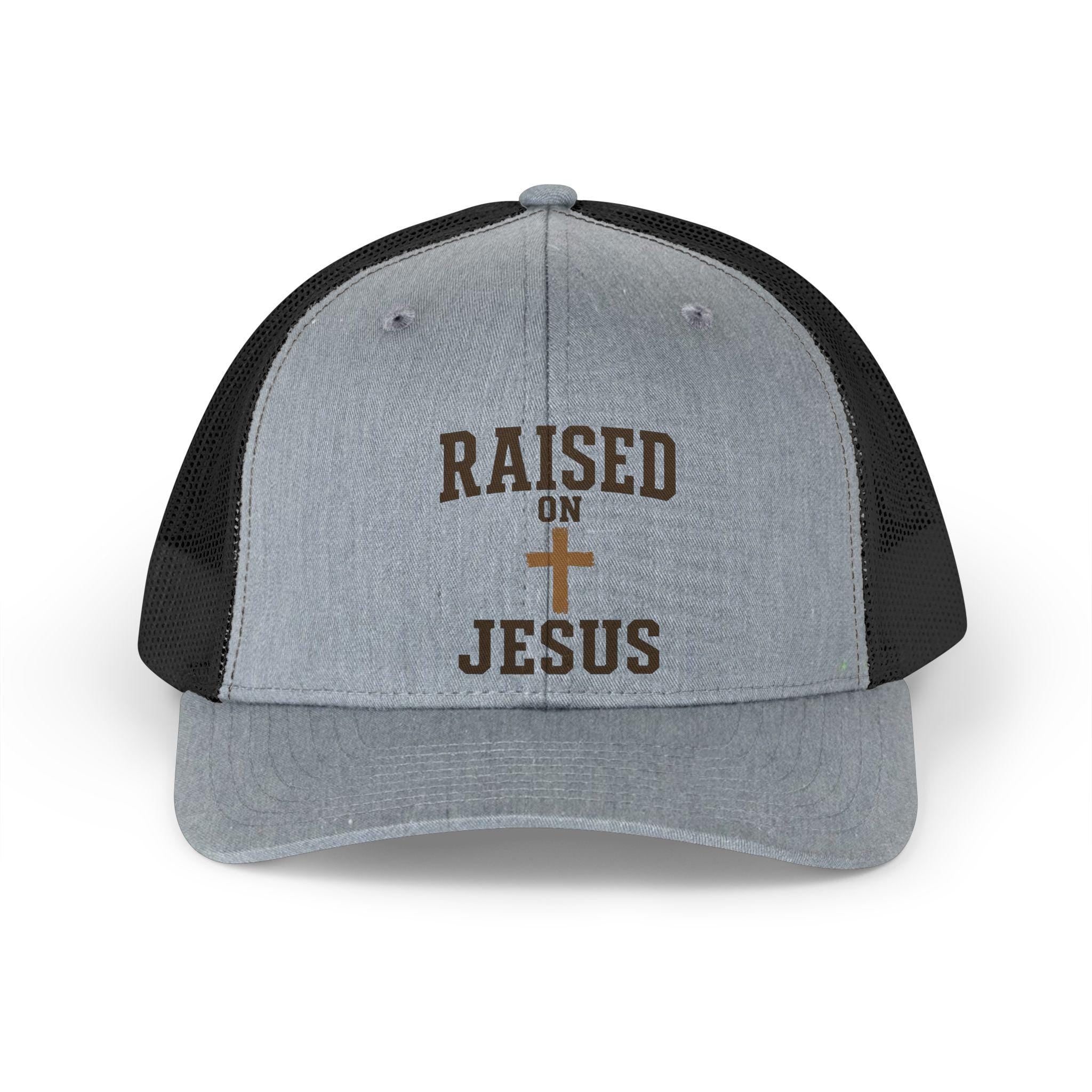 Raised on Jesus Trucker Hat, Vintage Style Embroidered Cross Cap