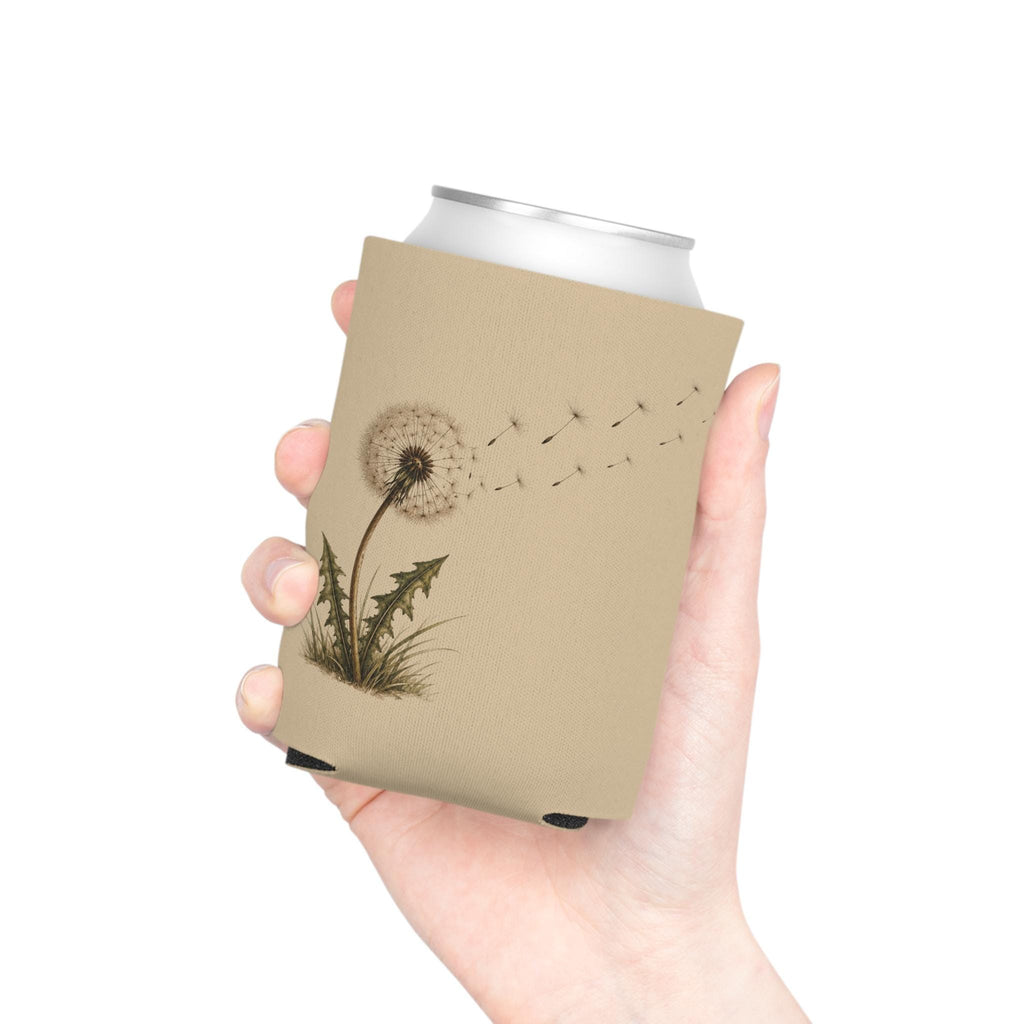 Dandelion Can Cooler, Floral Nature Drink Insulator, Sand Background Koozie