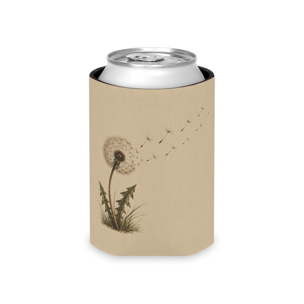 Dandelion Can Cooler, Floral Nature Drink Insulator, Sand Background Koozie
